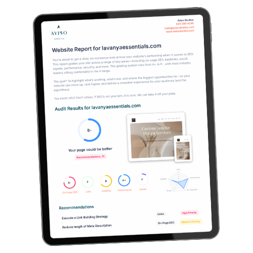 Tablet Screen displaying an SEO website report for a small local business with various charts and recommendations, including a page score of B-, and suggestions for improvement.