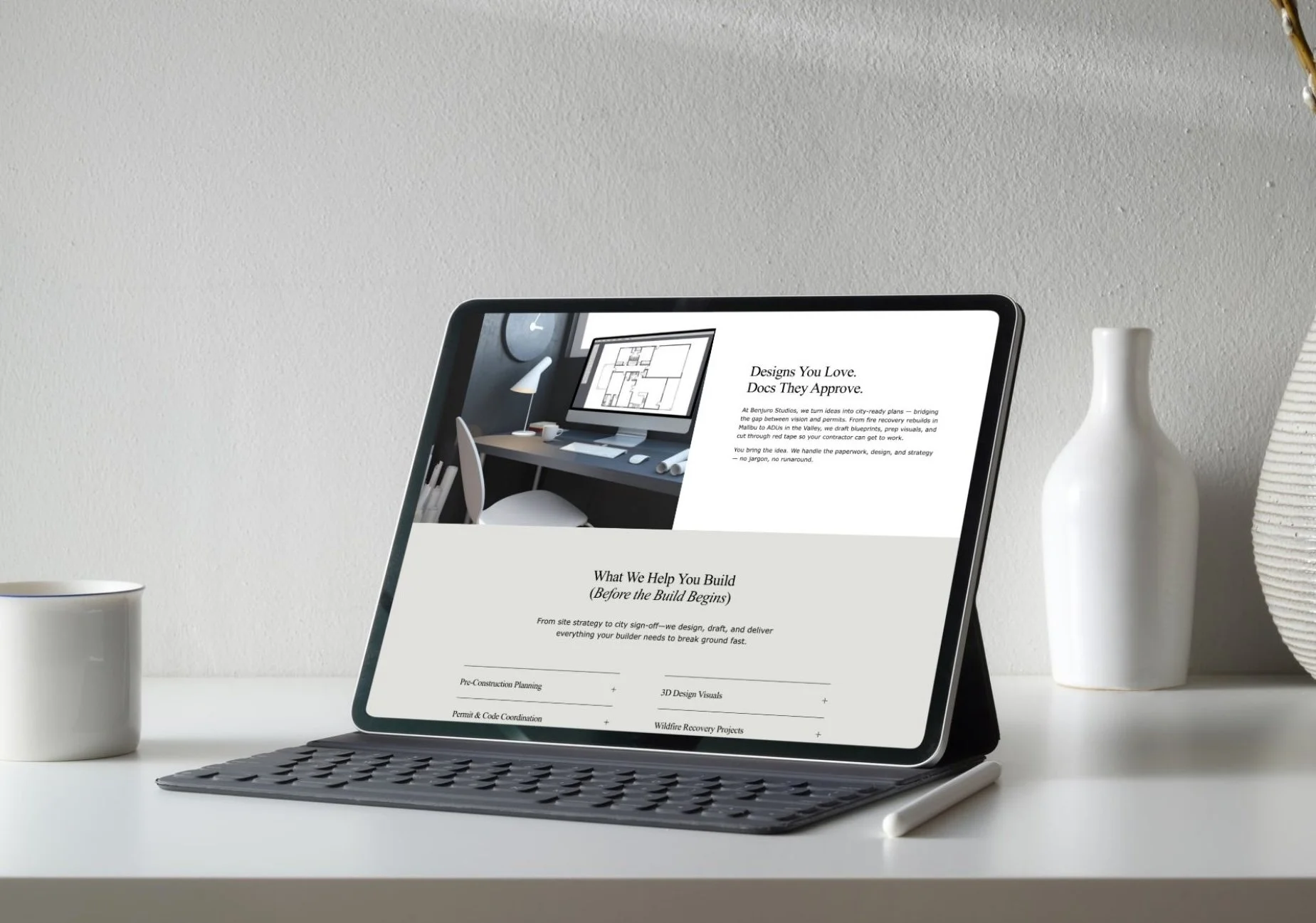Ipad tablet showing responsive website design for a luxury California architecture company.