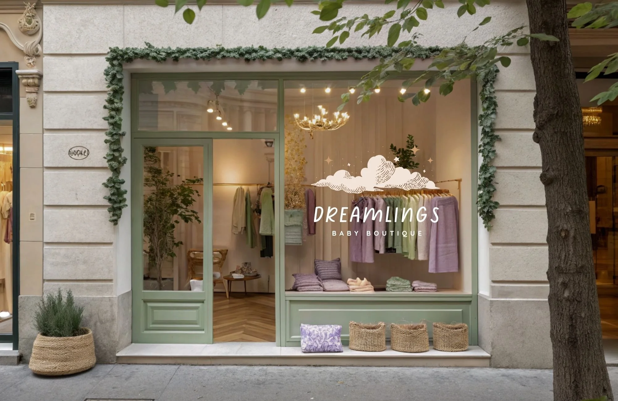 Storefront of Dreamlings Baby Boutique featuring pastel children’s clothing, soft neutral décor, and an inviting retail display.