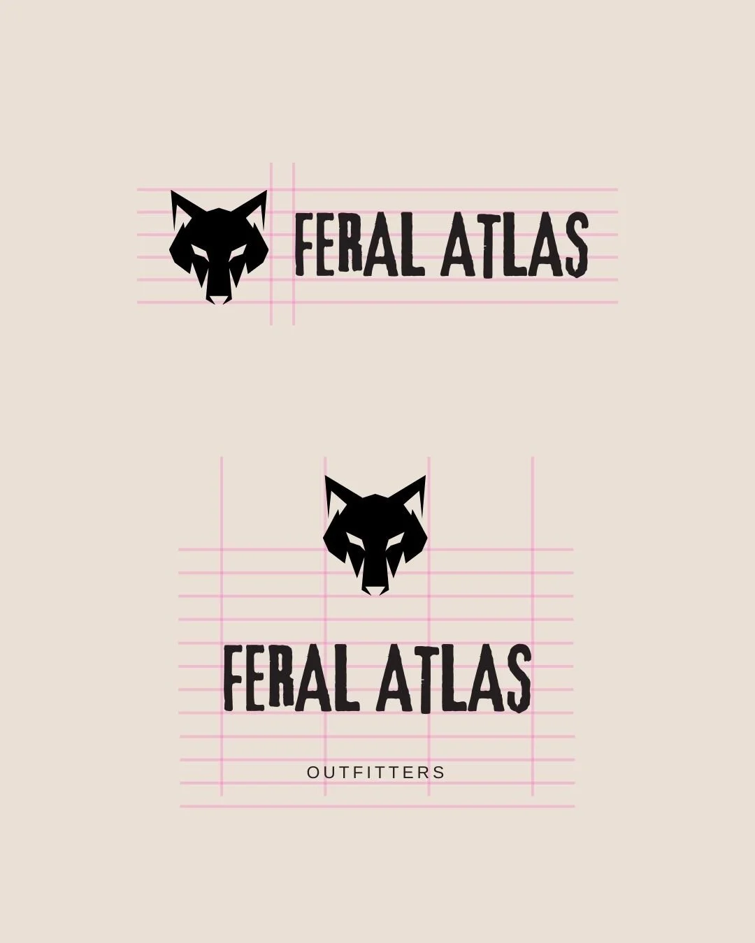 Outdoor-inspired logo construction sheet showing hand-drawn marks and badge layout.