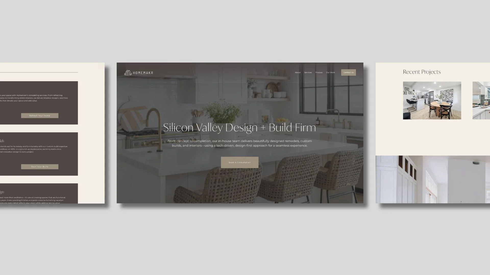 Website homepage mockup for a Silicon Valley design-build firm showcasing modern interior design, contractor services, and custom home remodeling.