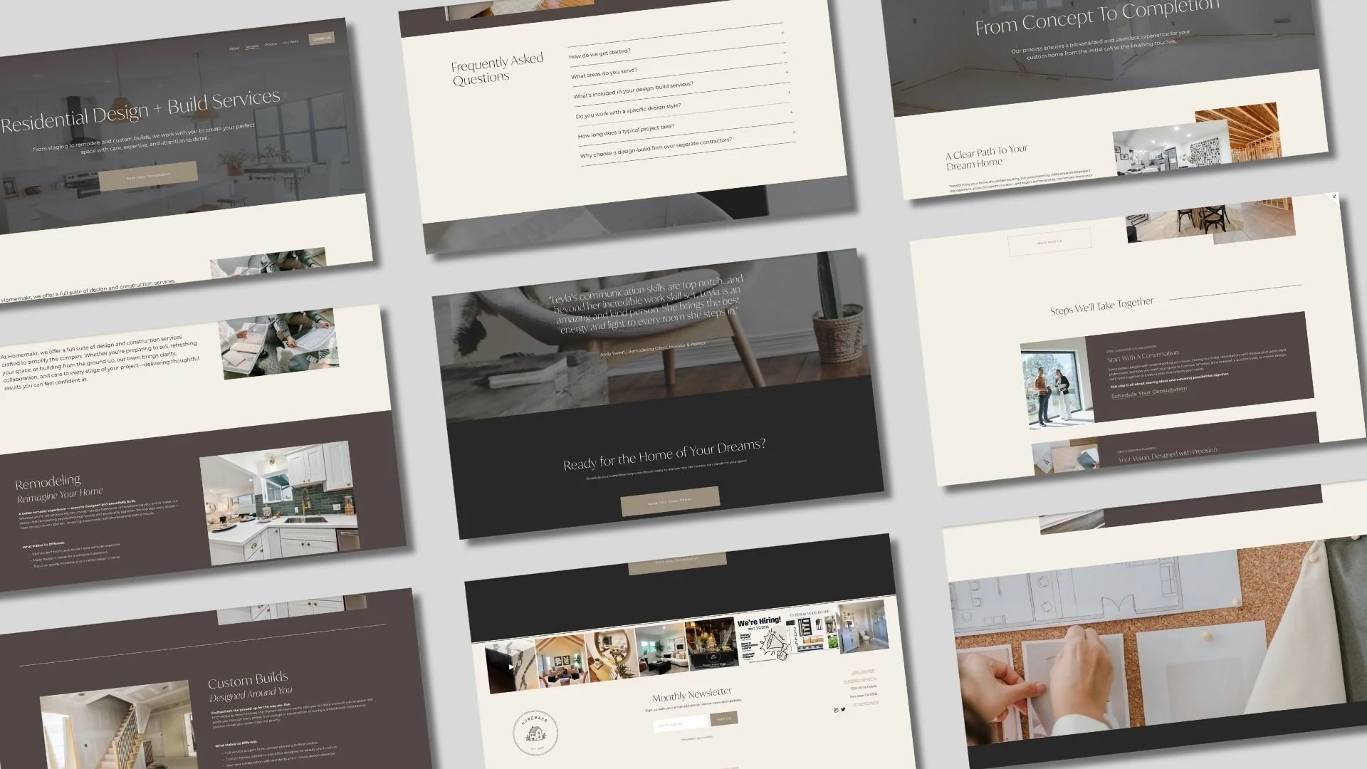Collage of homepage, services, and FAQ pages from a custom website built for a Santa Cruz and Silicon Valley contractor, architect, and design-build firm.