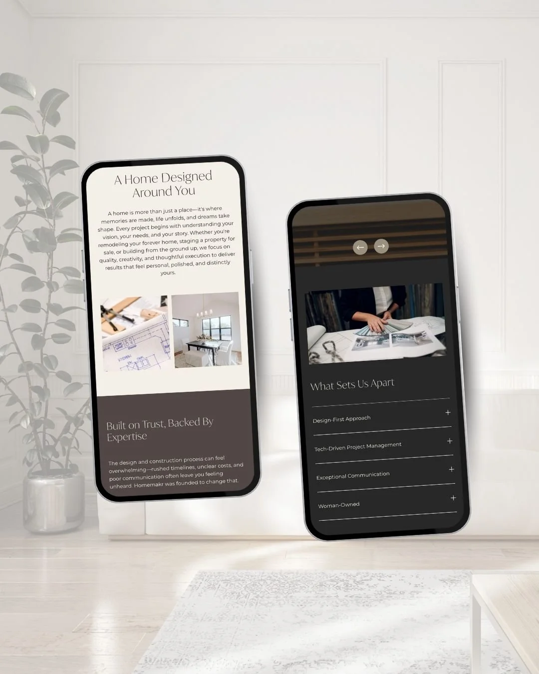 Mobile mockups showing a responsive home remodeling contractor website with project details, design features, and service highlights.