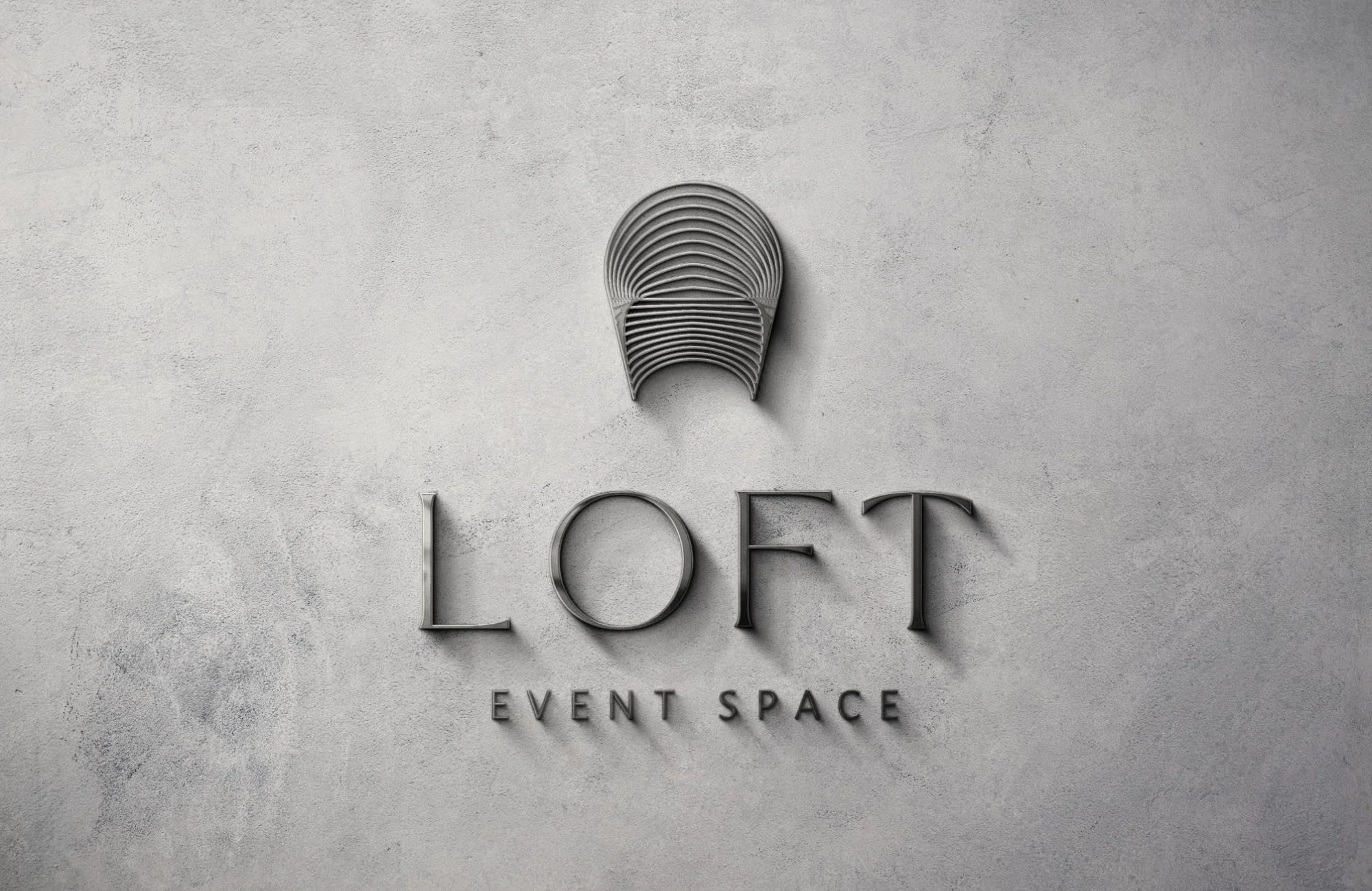 3D logo metal wall sign showcasing luxury event space branding with sculptural emblem.