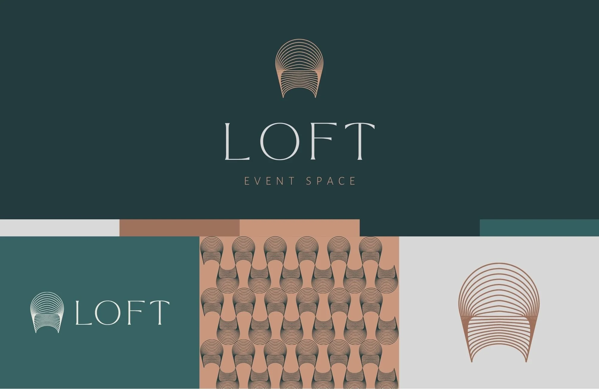 High end luxury event venue brand identity system with color palette, patterns, and refined visual design elements.