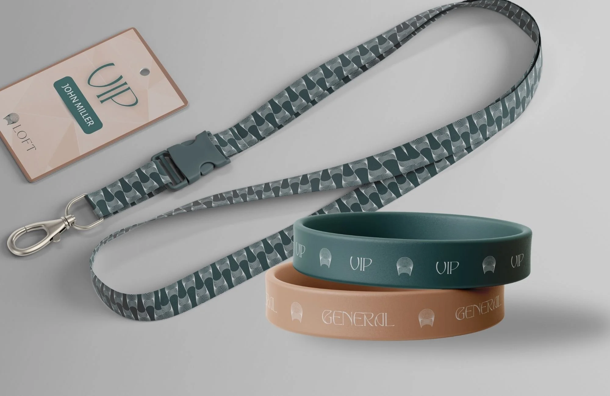 Branded lanyard and wristband merchandise for event venue identity system.