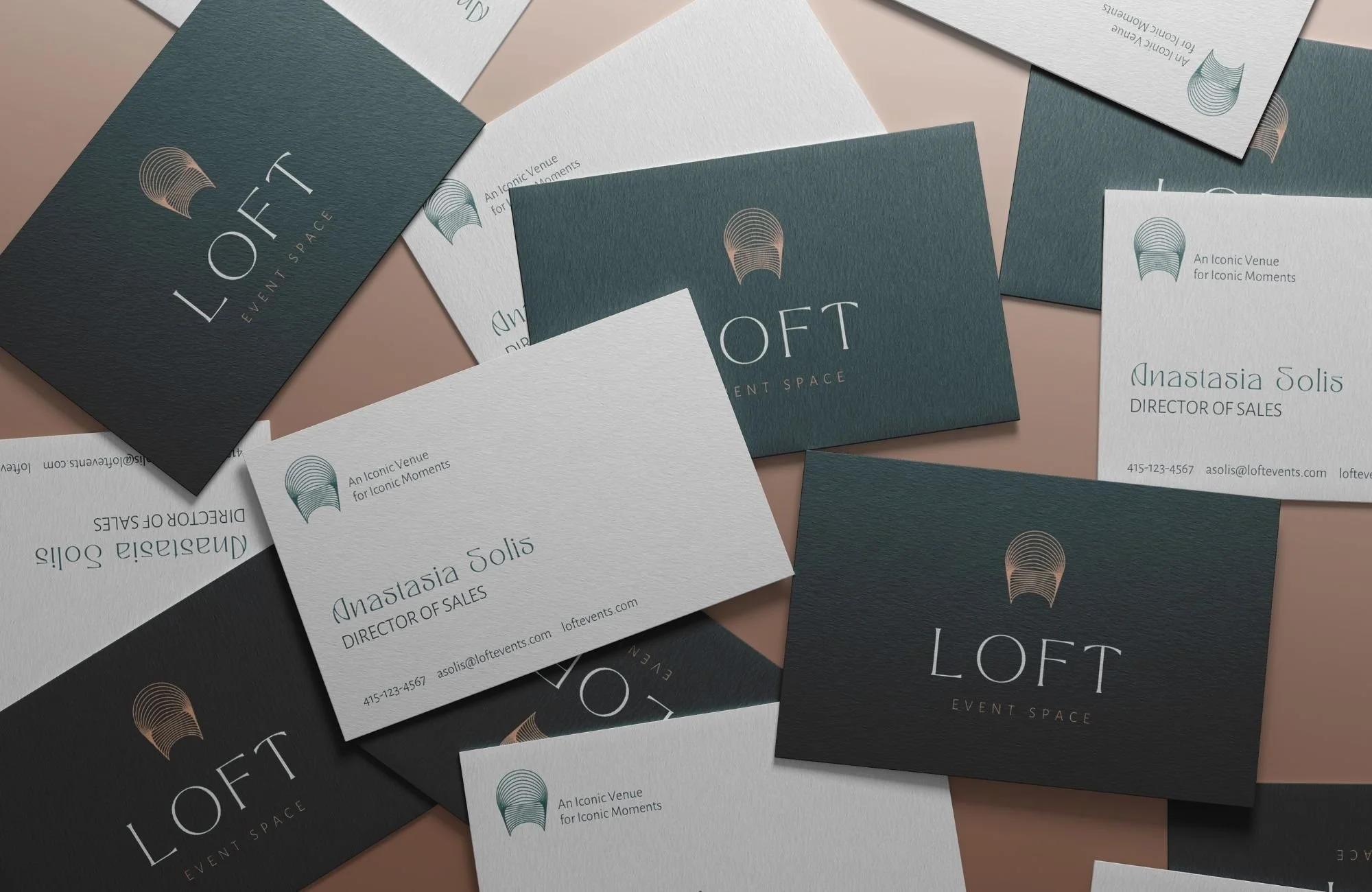 Business card and stationery set designed for a luxury event venue brand identity.