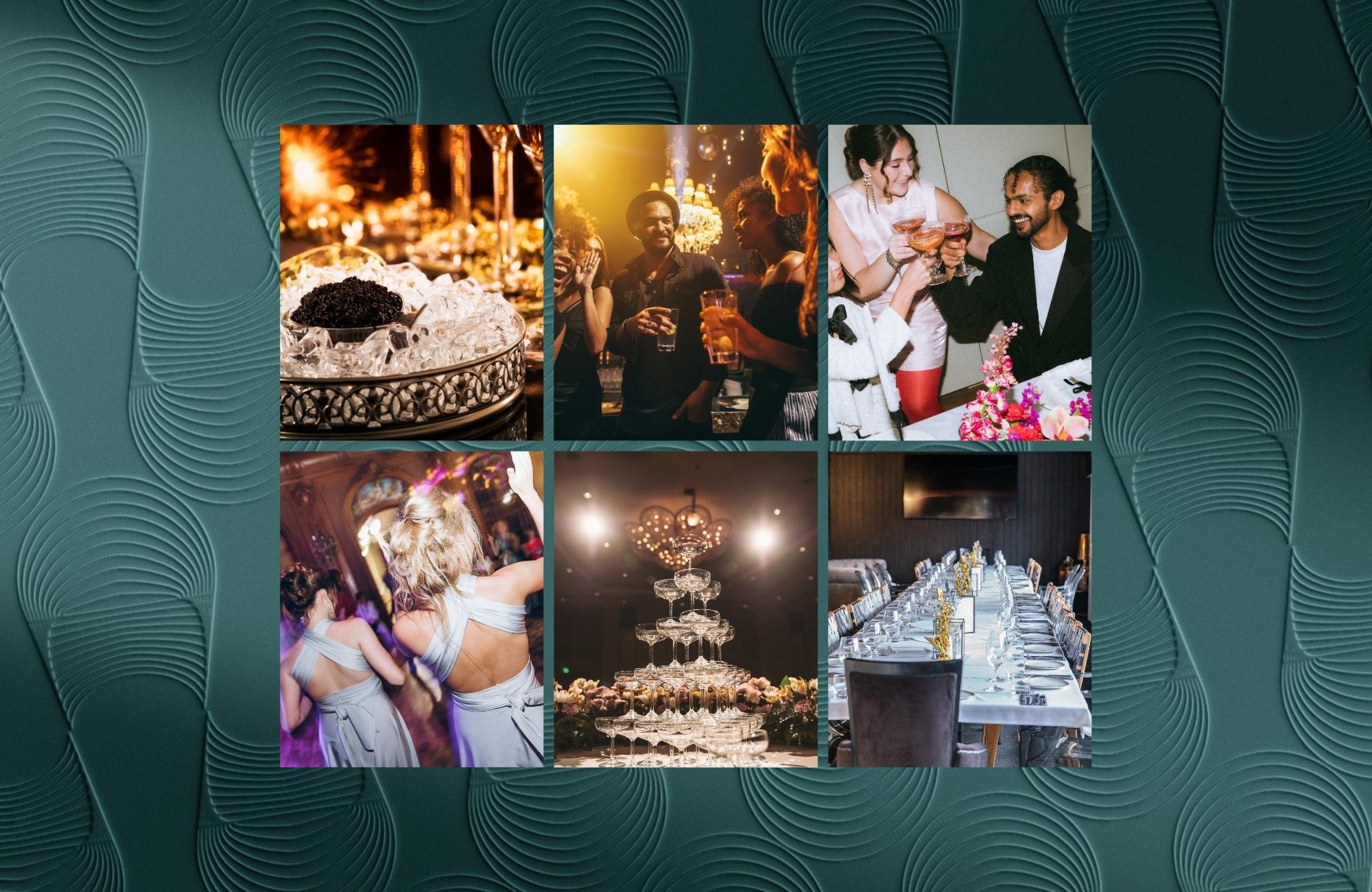 Event photo wall grid showing branded visual direction for a modern event venue, featuring lifestyle and celebration imagery.