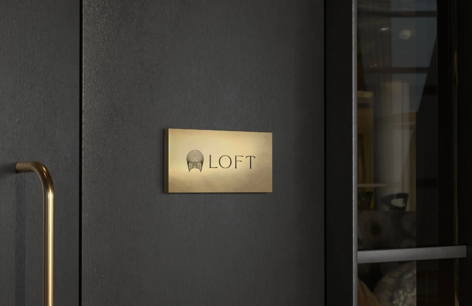 Metal door plaque with minimal logo design for an upscale event venue, representing elevated signage and branding.