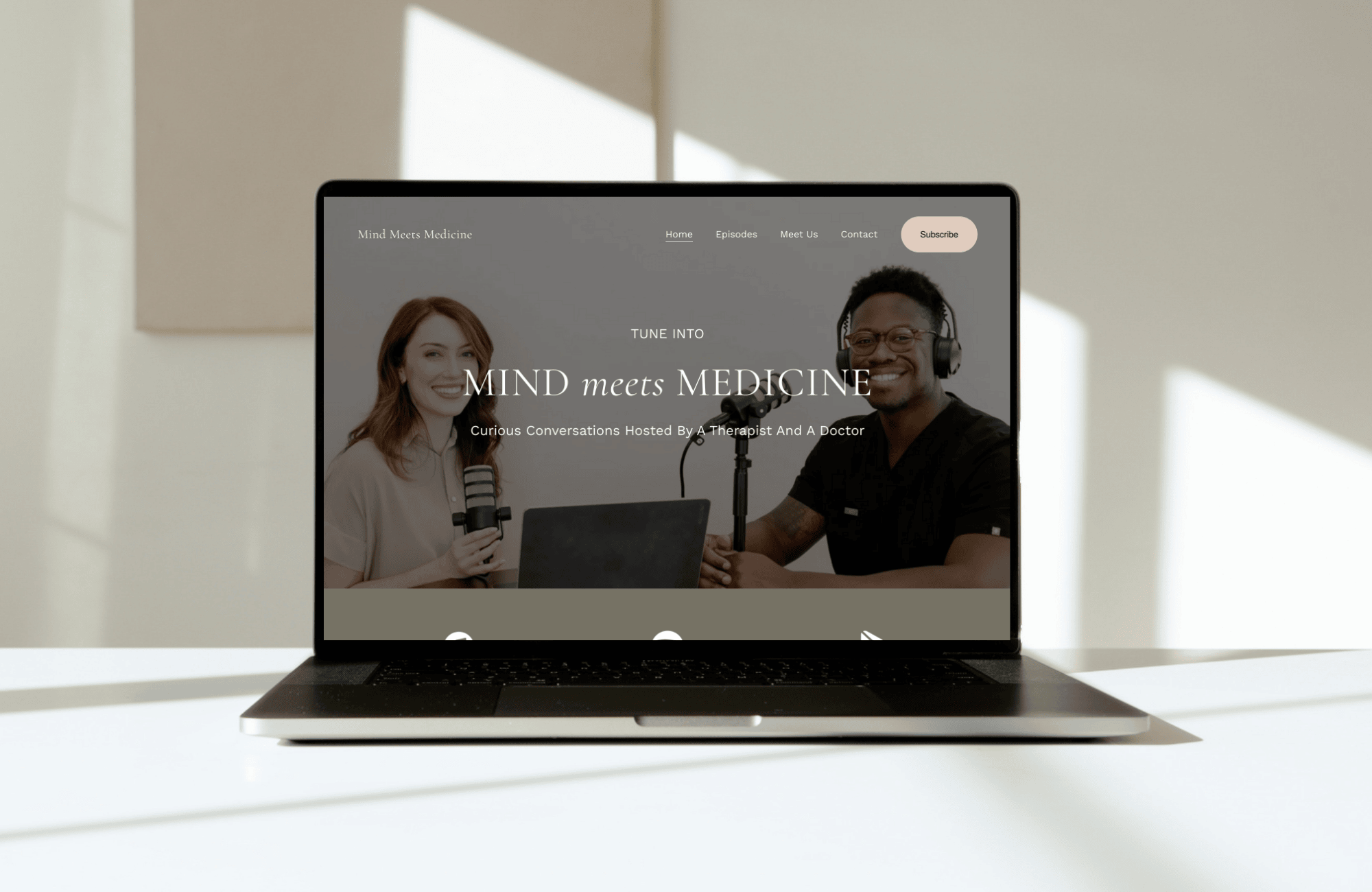 Laptop mockup displaying the Mind Meets Medicine podcast website designed for a therapist and doctor.
