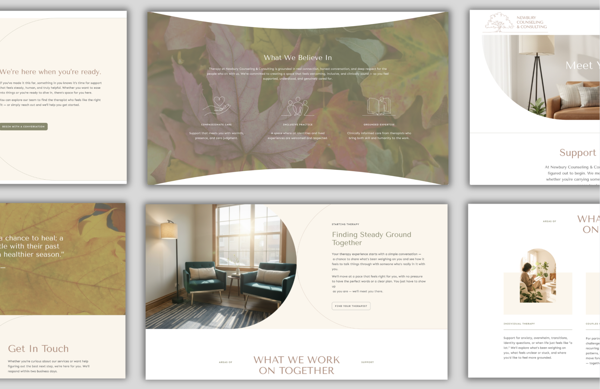 Project overview showing multiple pages of a therapist website design, highlighting cohesive layout, visual consistency, and a calm, trust-focused user experience.