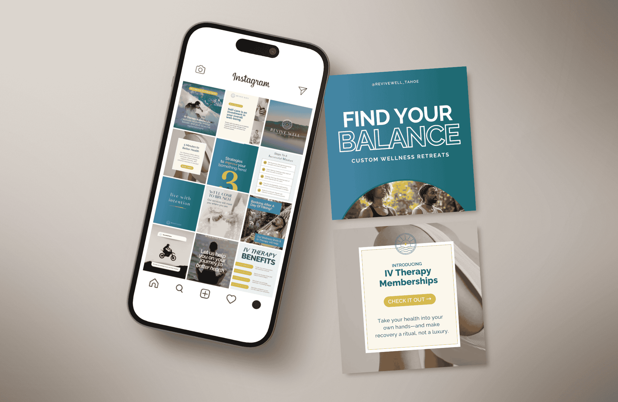 Health and Wellness social media instagram grid and promotional marketing graphics designed for an IV vitamin therapy business.