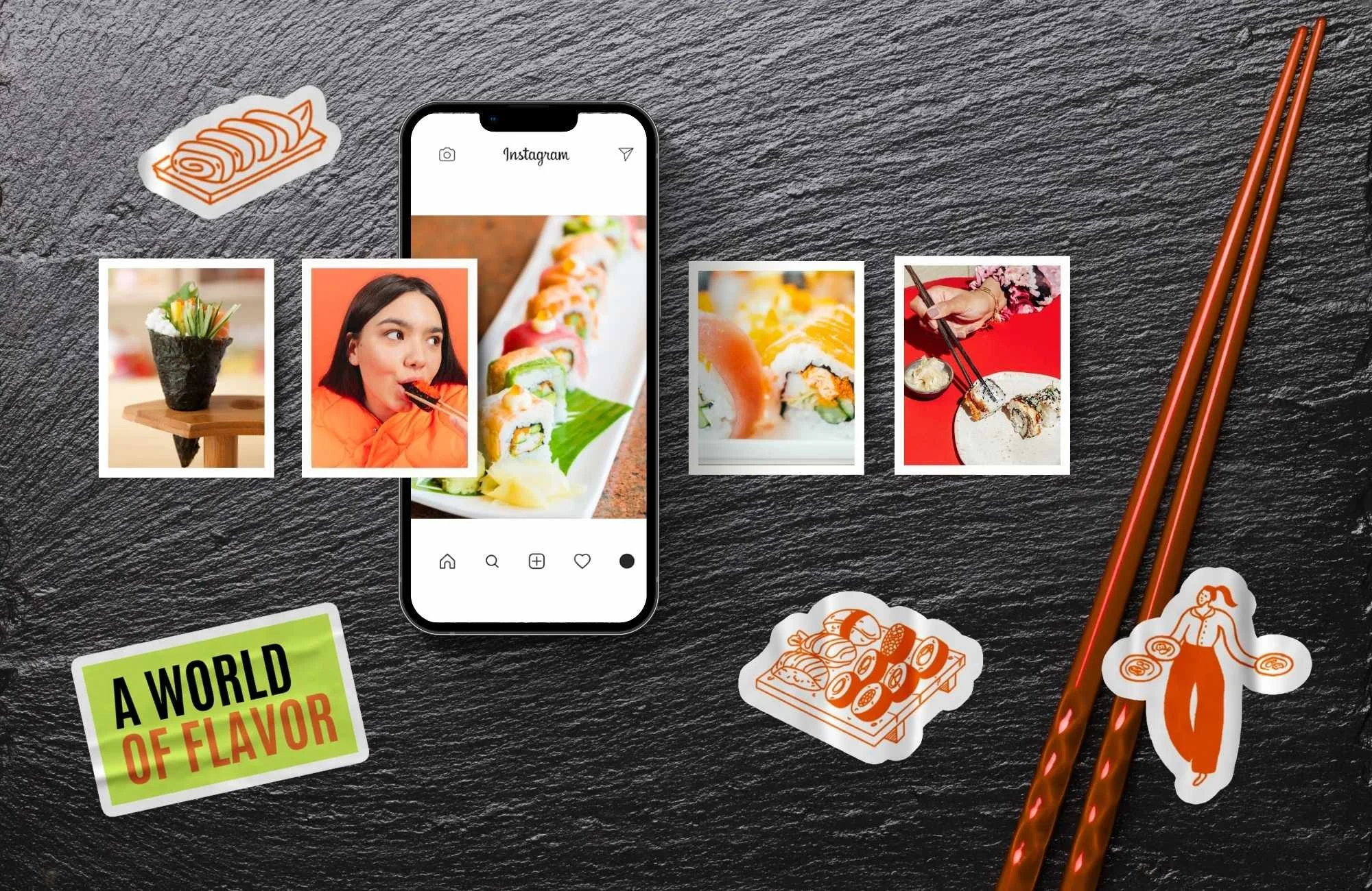 Flat-lay of social media content for a modern sushi brand, featuring sushi photography, stickers, and mobile preview.