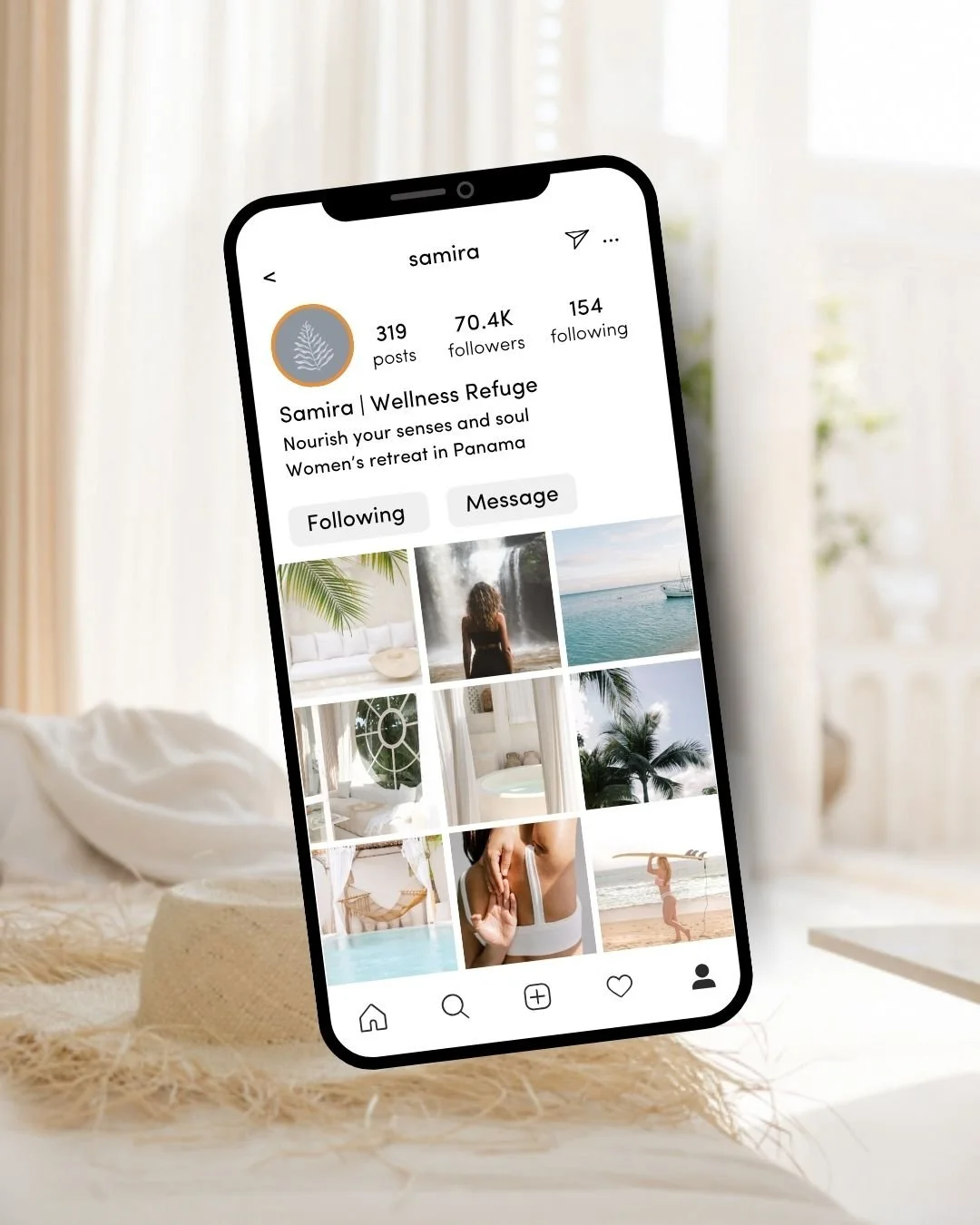 Social media management instagram feed branding for a wellness retreat showcasing cohesive visuals and a calming lifestyle aesthetic.