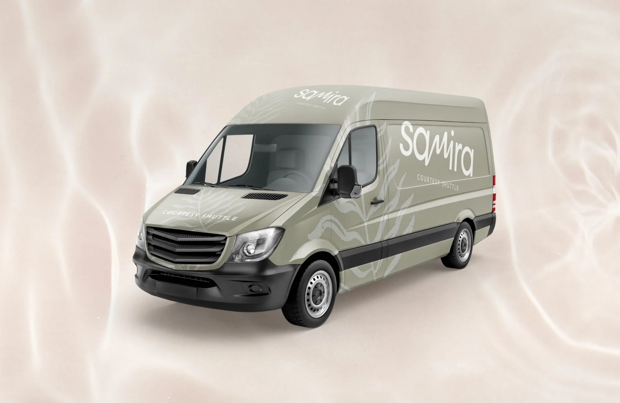 Courtesy van vehicle wrap concept for a wellness retreat using soft neutral colors and organic illustration elements.