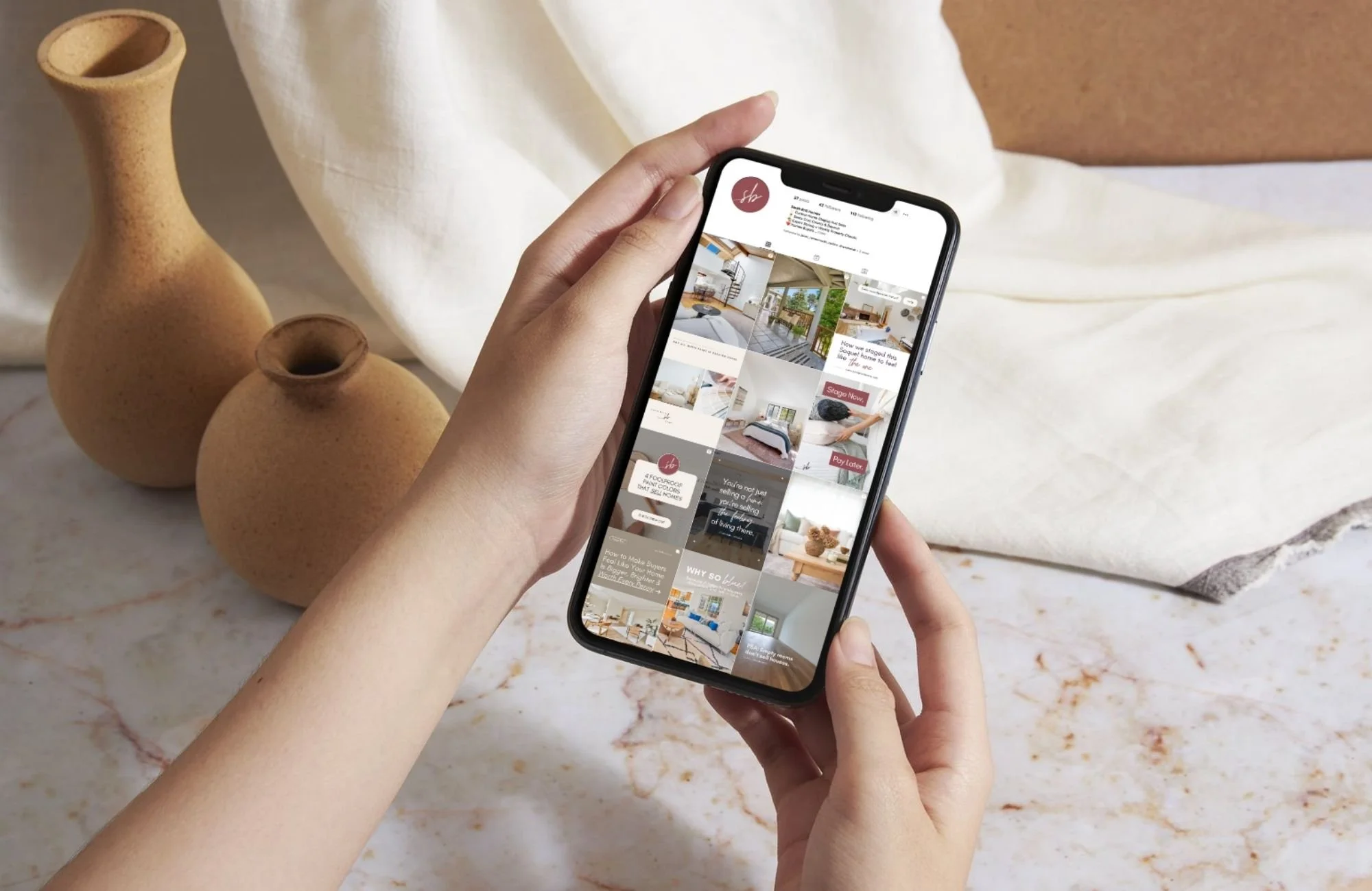 Instagram grid and social media content design for a home staging and interior design business in Santa Cruz, California.
