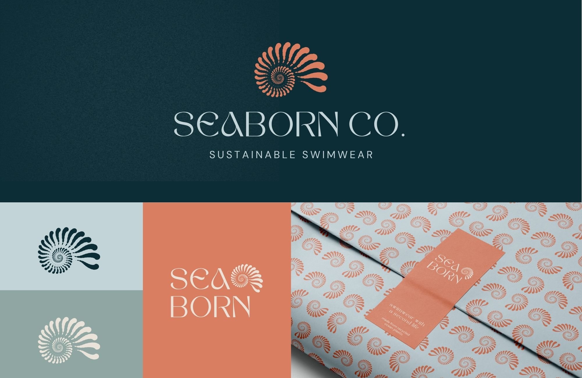 Eco-friendly swimwear brand identity featuring coastal-inspired logo, color palette, and sustainable packaging pattern design.