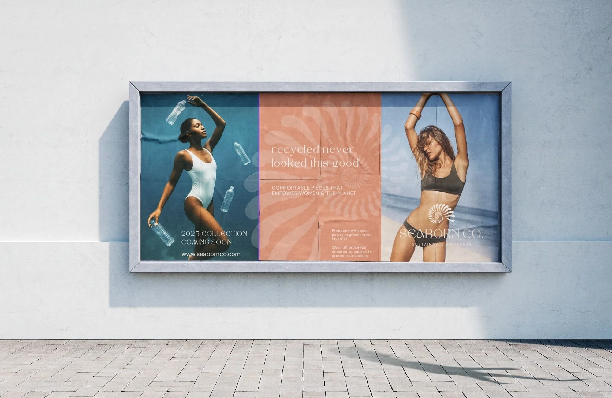 Billboard showcasing sustainable women’s fashion clothing swimwear advertising campaign with recycled-material messaging and brand visuals.