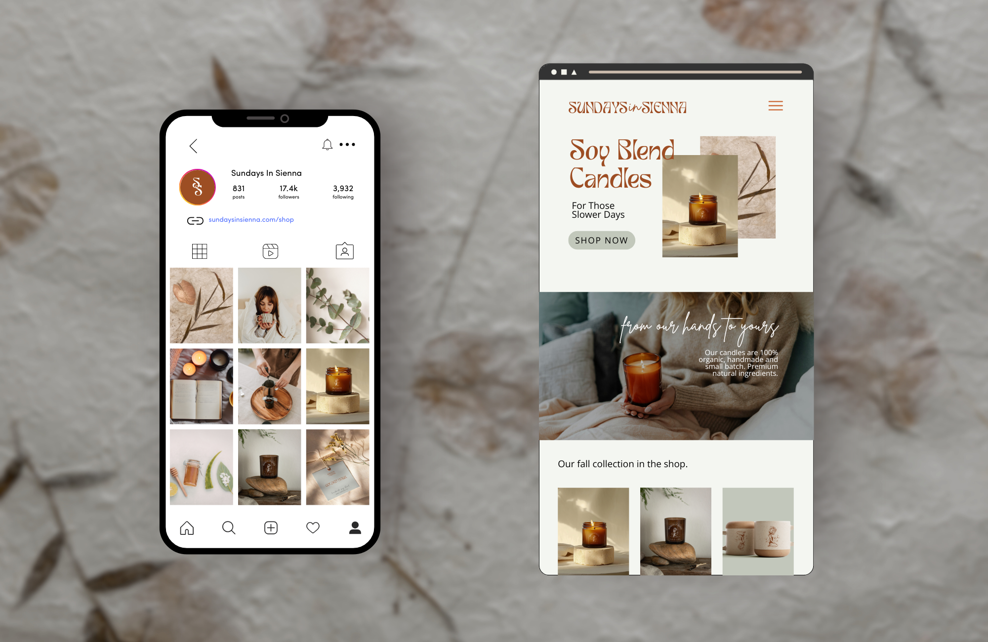 Social media instagram management and website design for an earthy feminine lifestyle candle business.