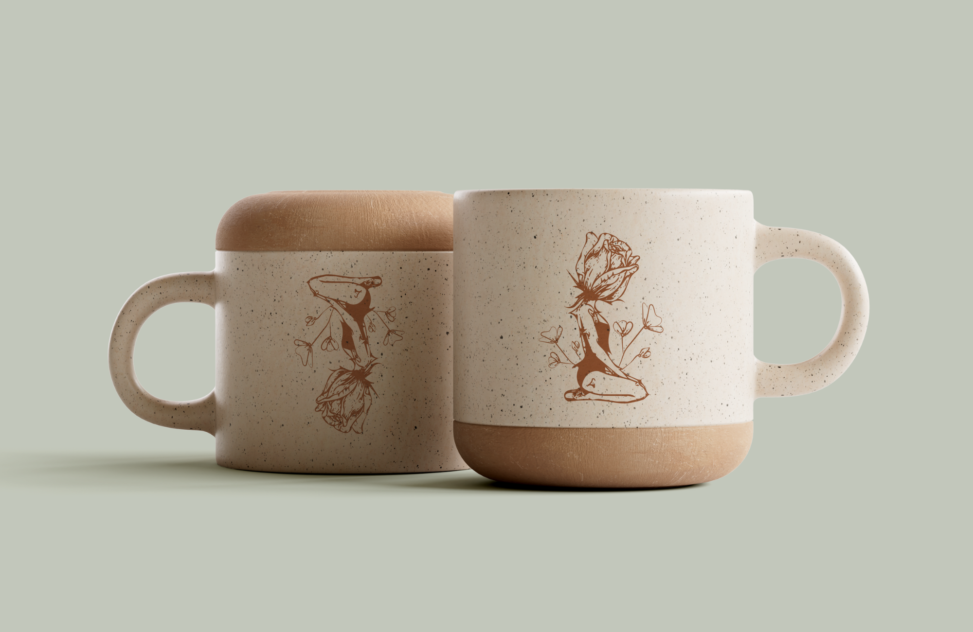 Ceramic mugs featuring a feminine illustrated figure styled against a neutral backdrop.