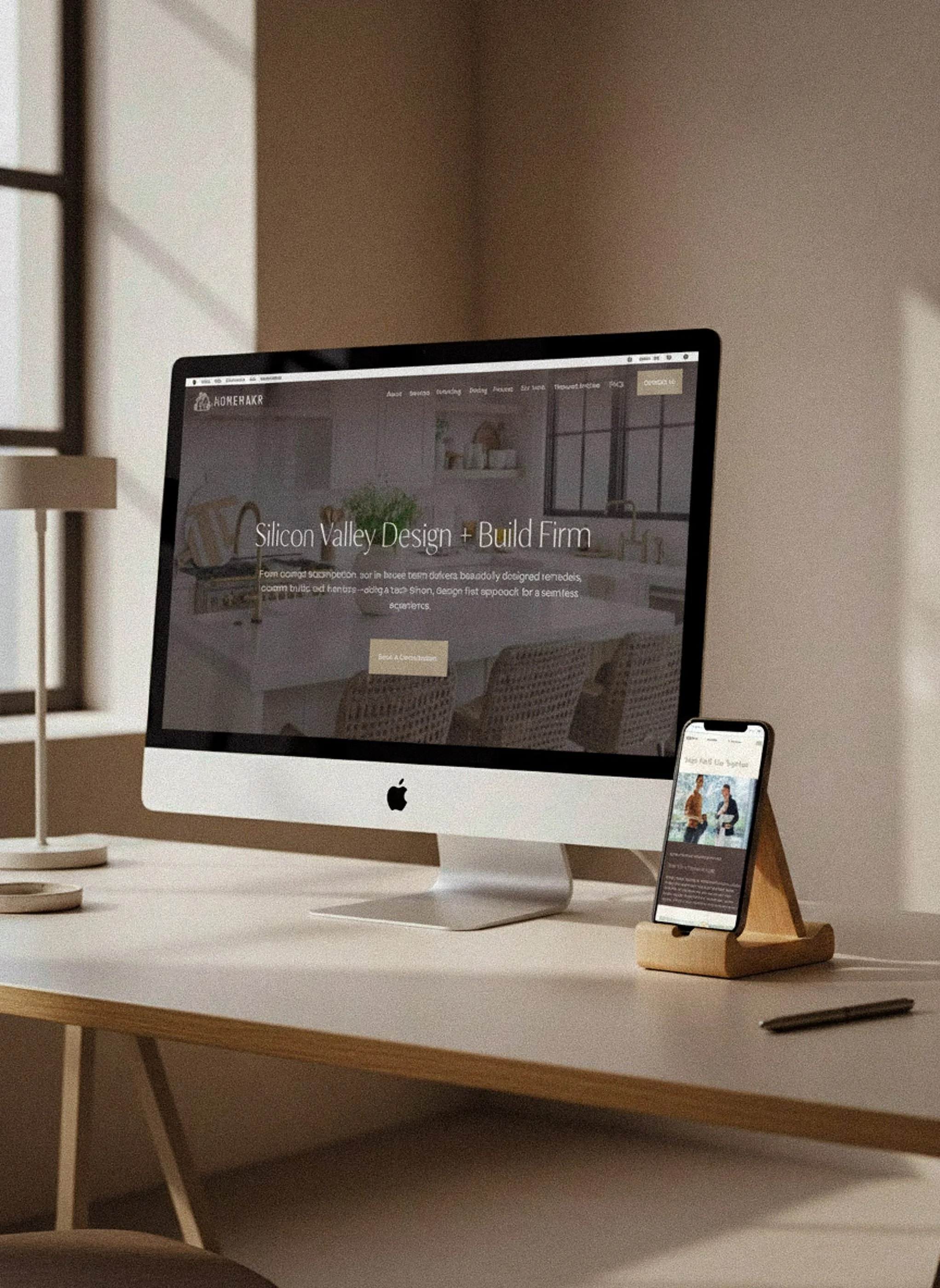 Mockup of a custom website displayed on an iMac and iPhone in a warm, minimalist workspace, representing the Signature Website design service.