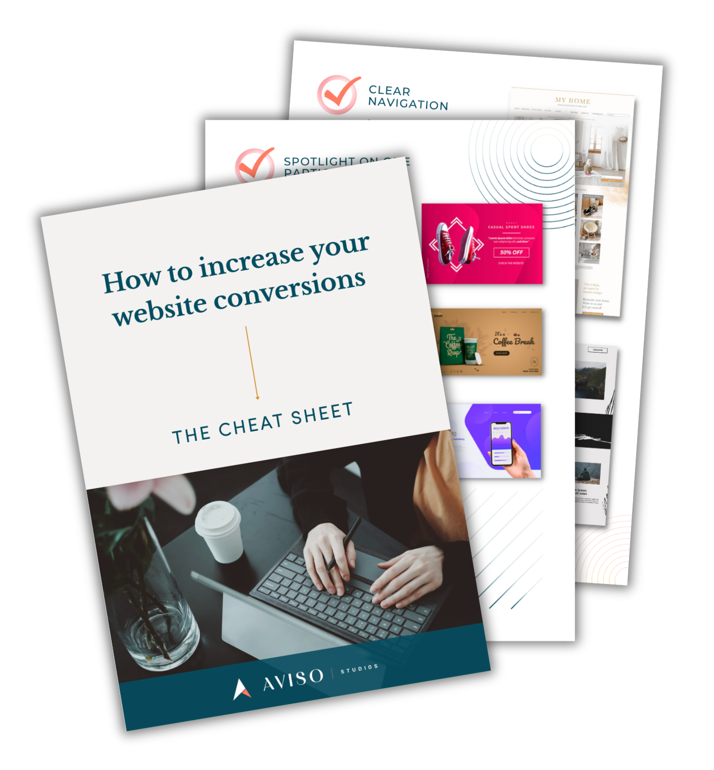 Free guide mockup showing the ‘How to Increase Your Website Conversions’ cheat sheet with actionable website fixes for small business owners.