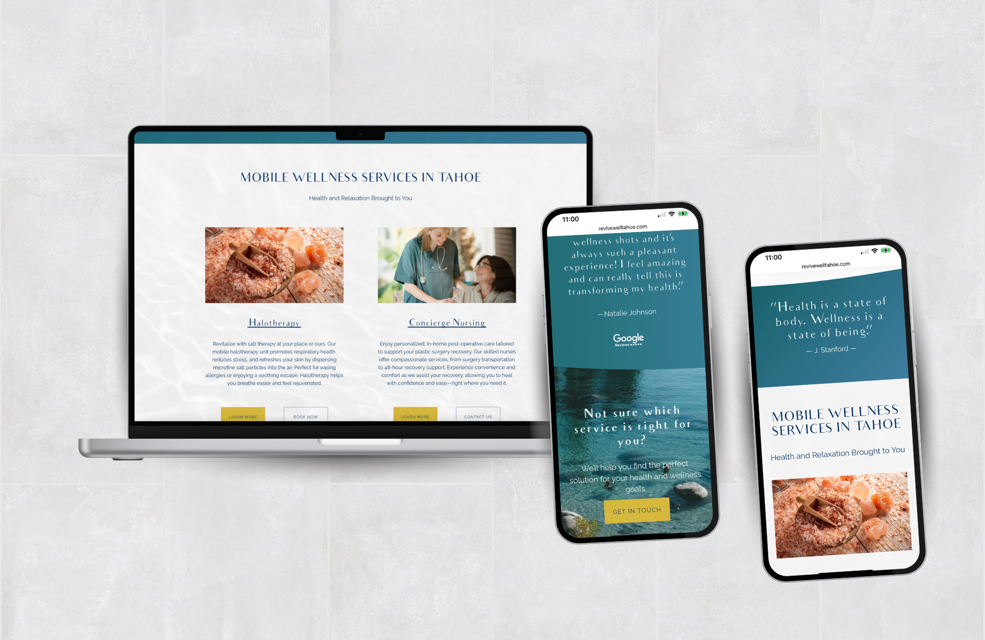 A laptop and two smartphones on a light-colored tiled surface displaying a website about mobile wellness services in Tahoe, with images of salt therapy and healthcare professionals, and quotes about health and wellness.