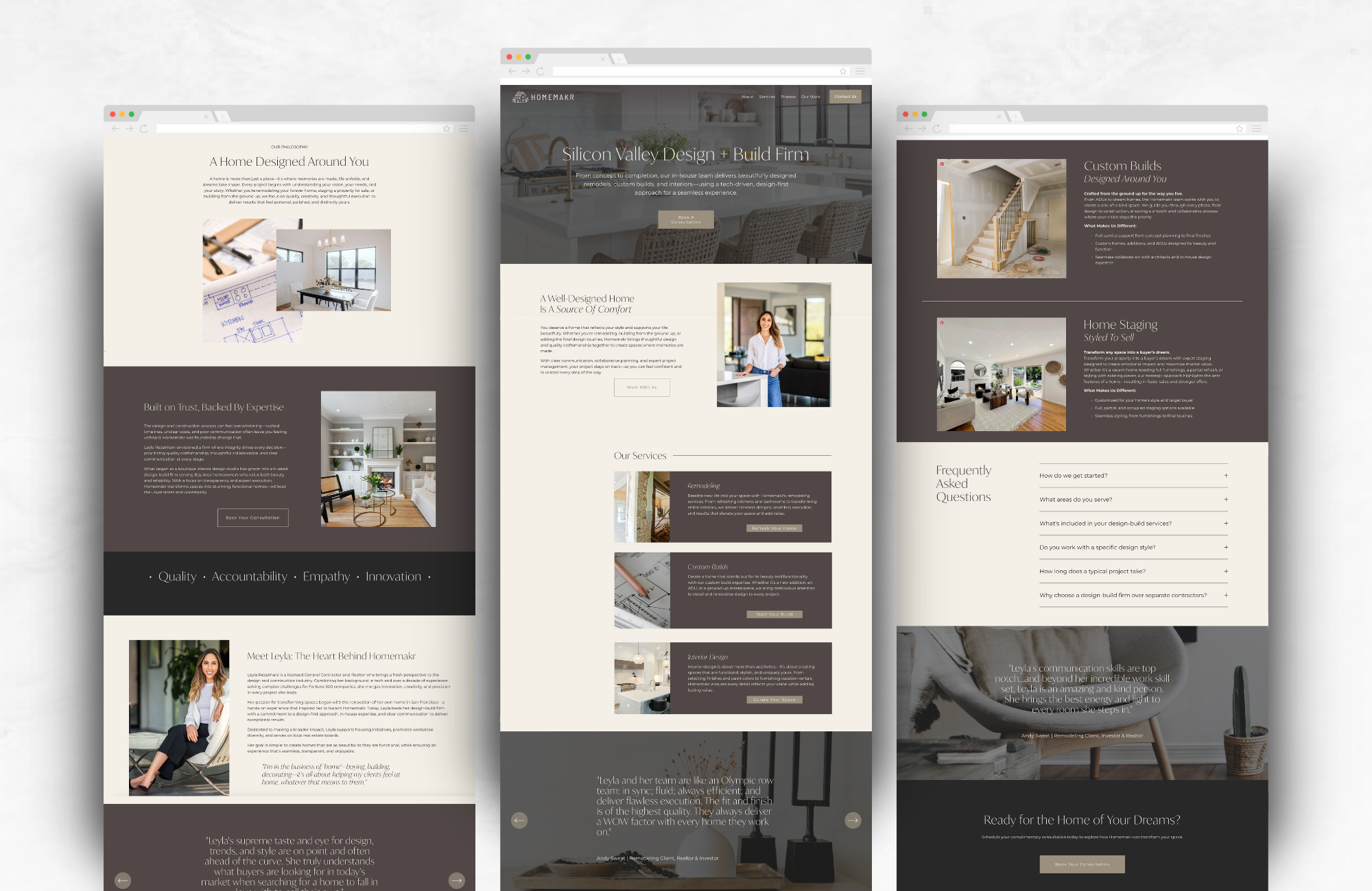 Custom webpage designs for a home remodeling and design company, displaying various sections including home services, project showcases, company information, and FAQ.