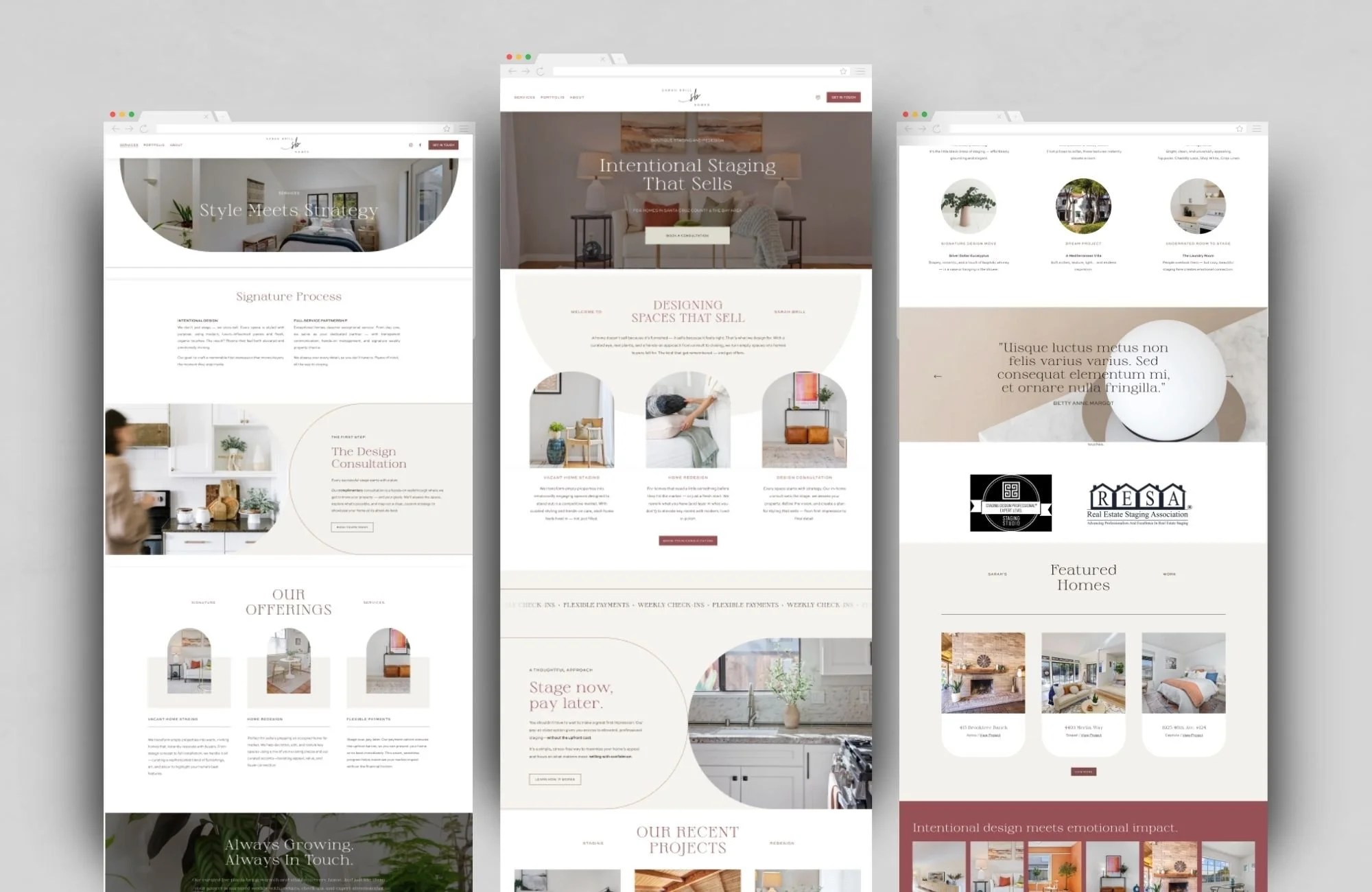 Three different home interior design website pages showing home decor, staging, and real estate offerings with images of rooms, furniture, and design elements.
