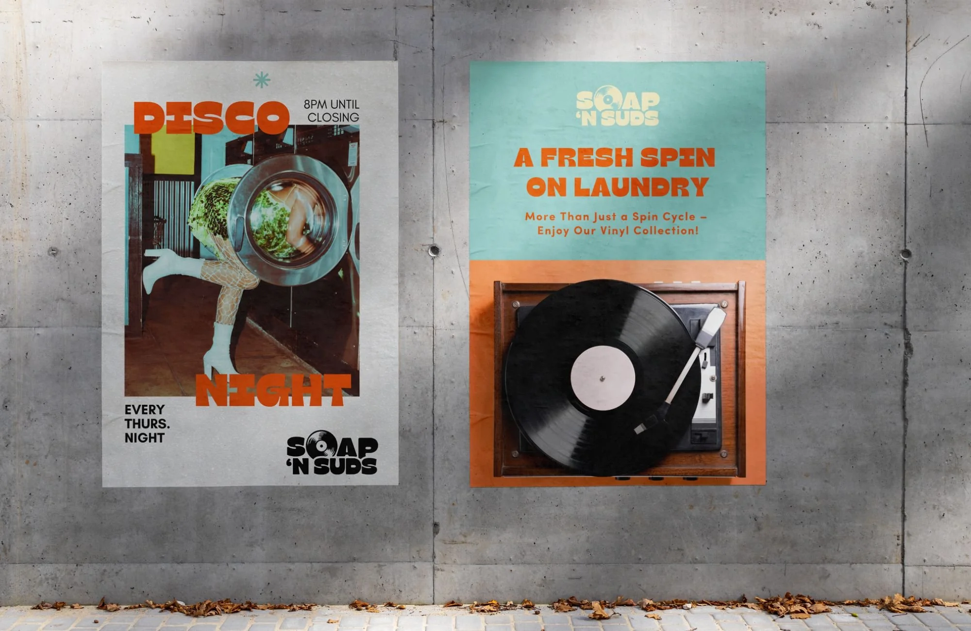 Two posters on a concrete wall. The left poster advertises a nightclub event with a woman in patterned pants and white boots, with a washing machine at her head, and bold red and black text. The right poster promotes a vinyl record collection, with an actual record player and a vinyl record on it, featuring orange and blue background colors and orange text.
