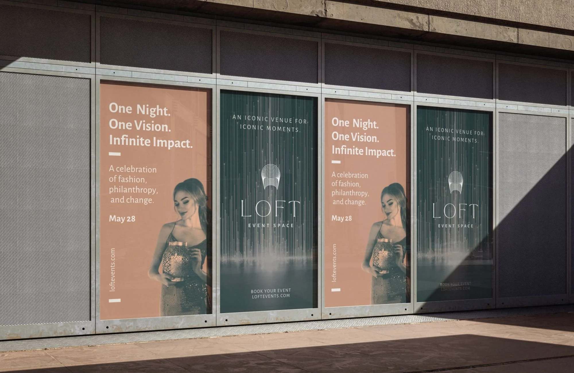 Advertising posters for LOFT event space featuring a woman holding a lantern, with text about a celebration happening on May 28, and promotional phrases about fashion, philanthropy, and change.