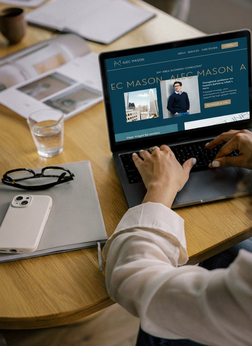 Laptop on a workspace showing a custom website homepage design for a San Francisco consultant.