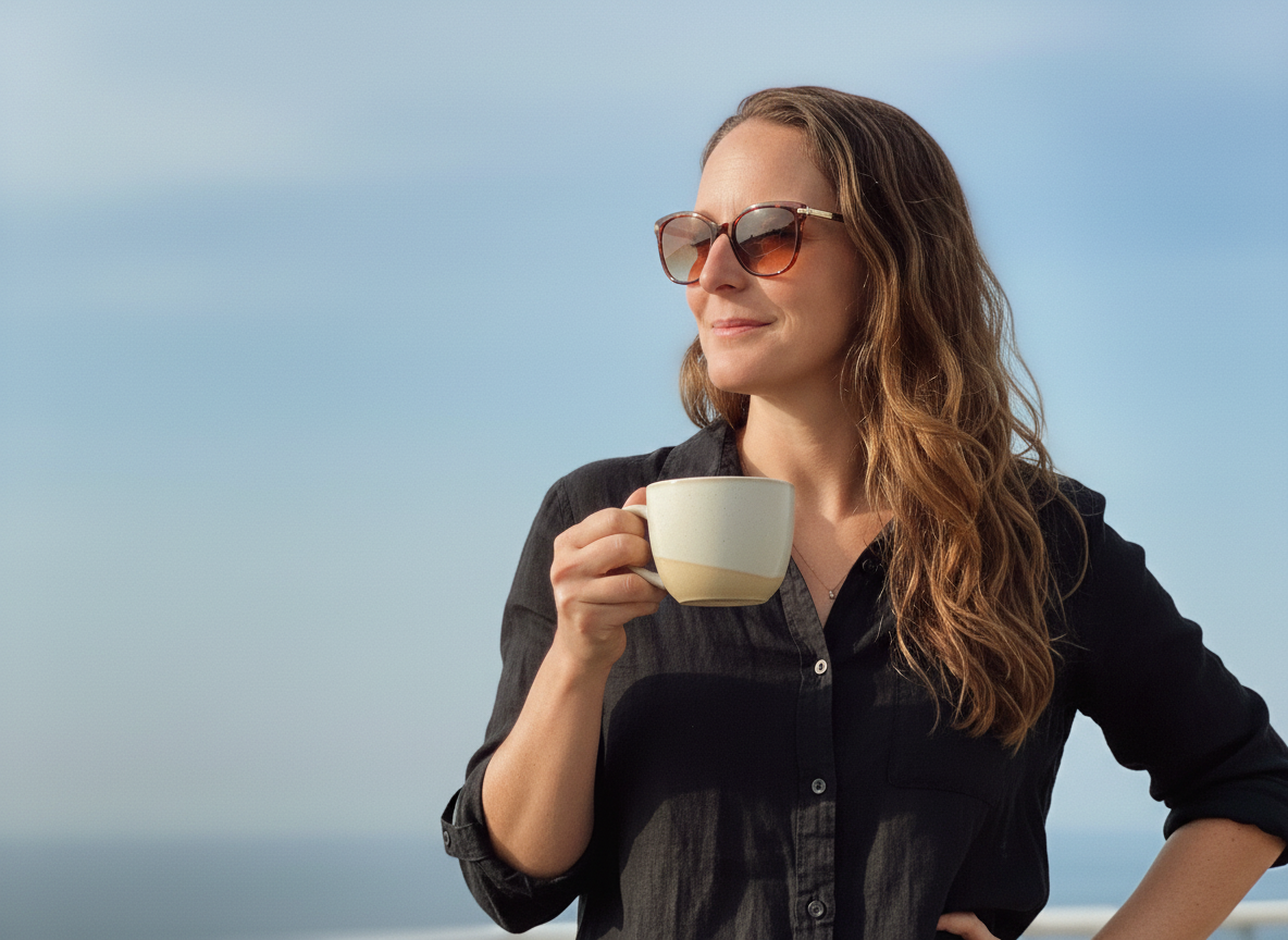 Liz Kroft holding a mug outdoors, smiling and looking confident — Get Started page hero image for branding, web design, and marketing services.