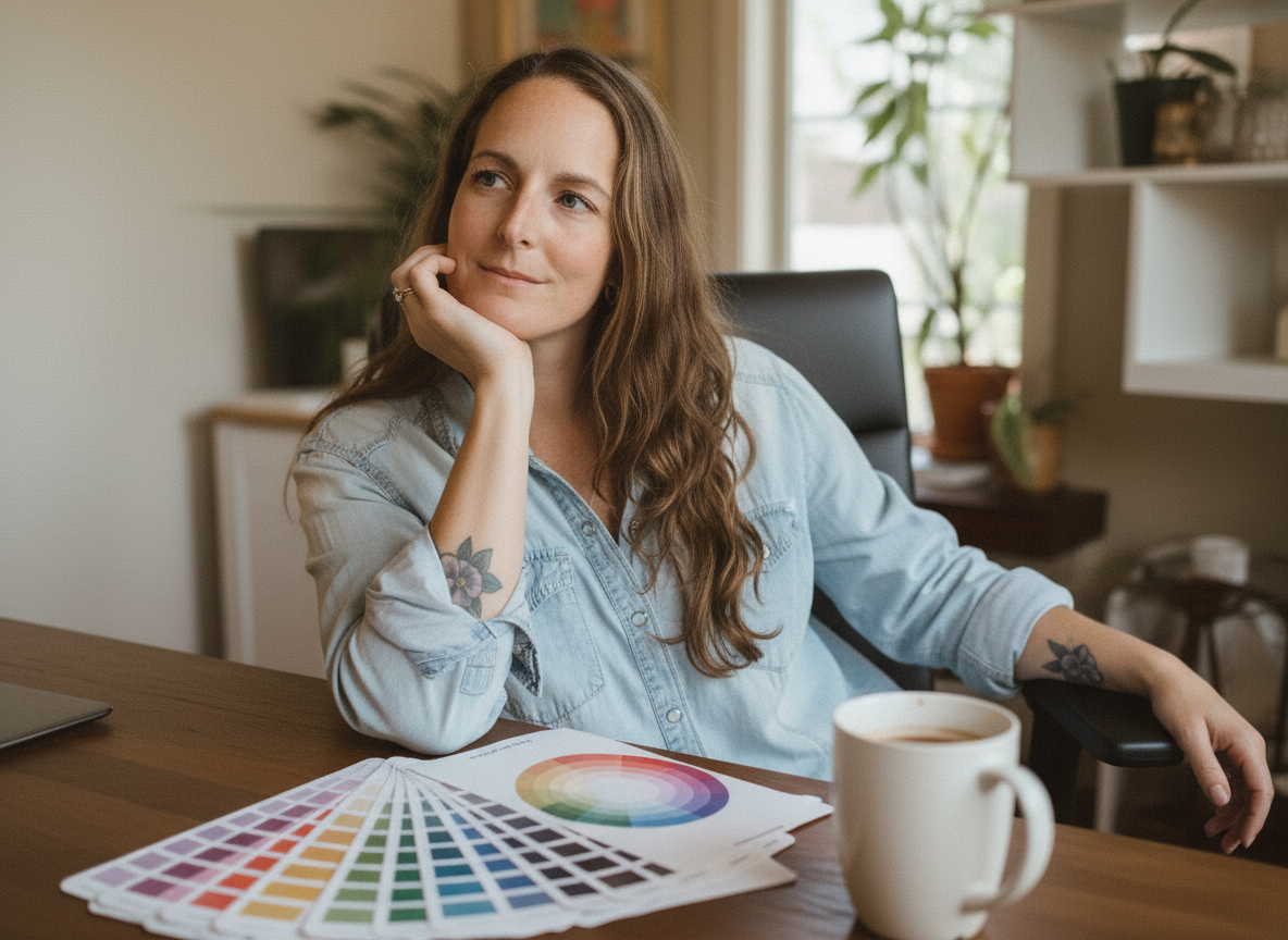 Liz Kroft, a california brand designer, sitting at her desk with brand color palette swatches and coffee.