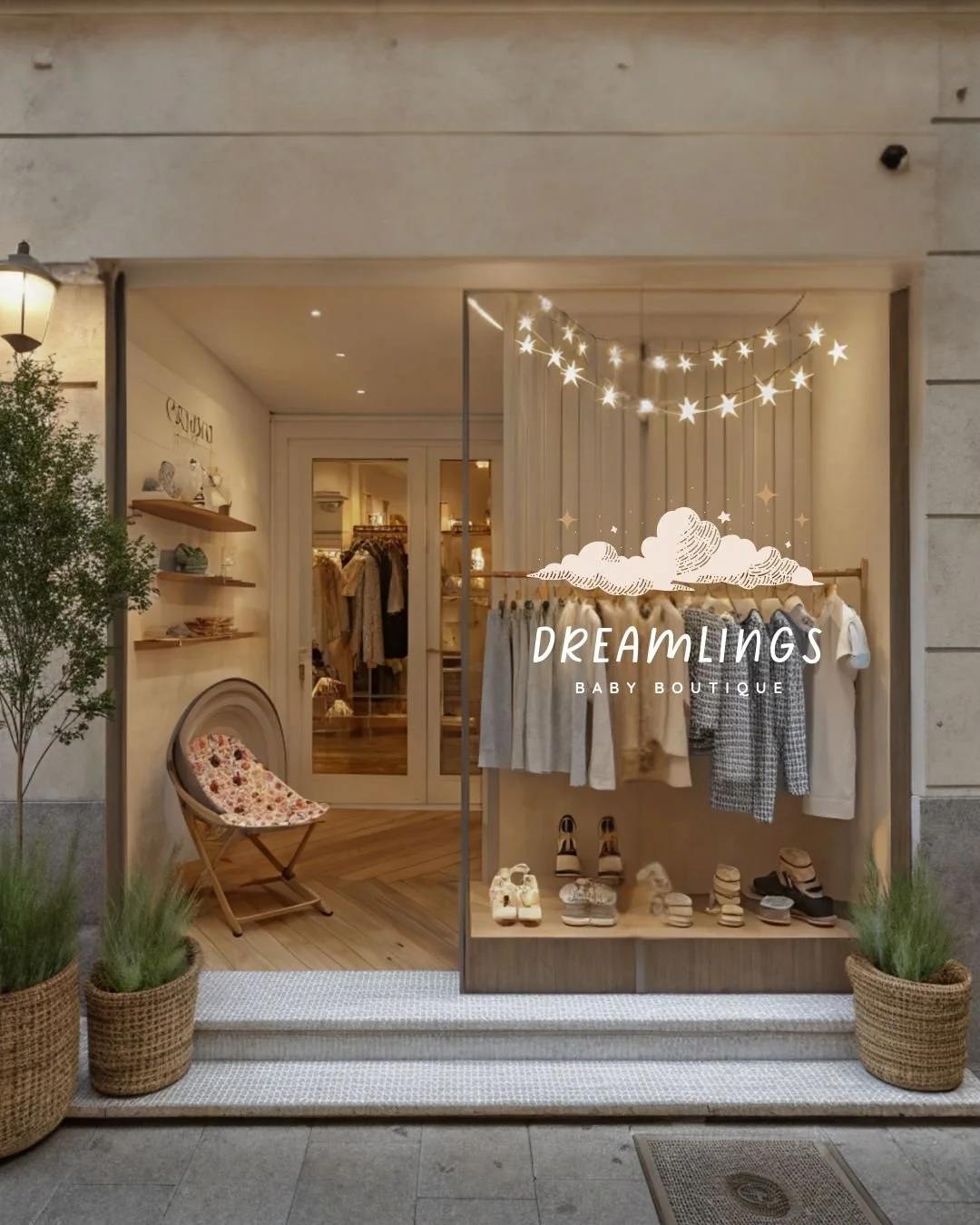 Exterior of the Dreamlings Baby Boutique storefront with pastel decor, warm lighting, and baby clothes displayed in a dreamy, inviting setup.