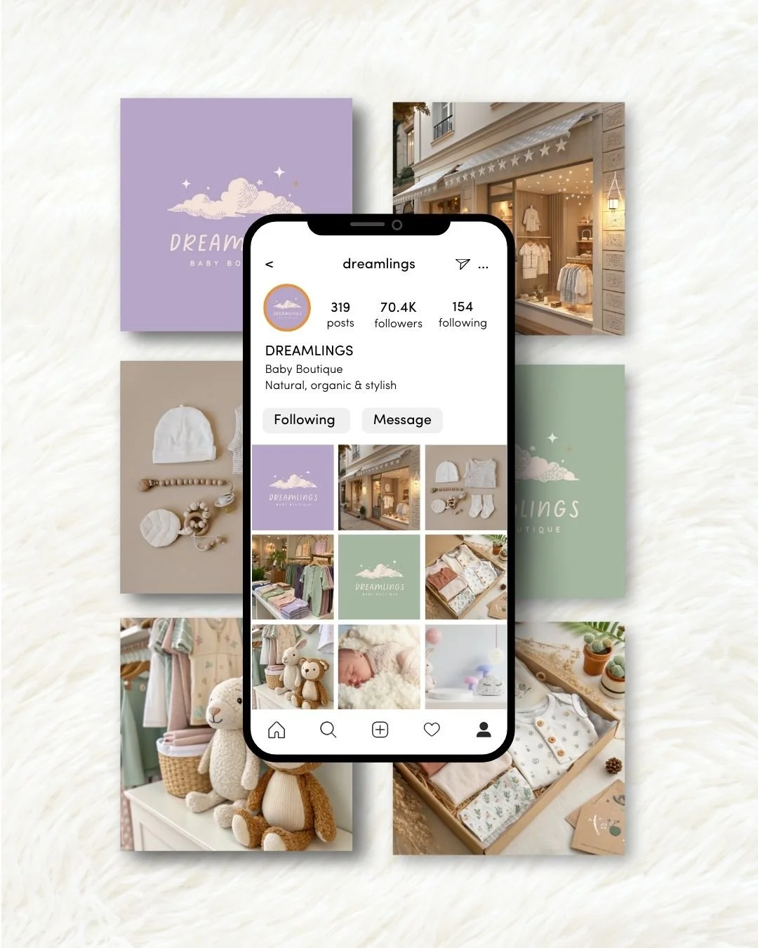 A curated grid of Dreamlings’ social media posts showcasing the logo, boutique storefront, and organic babywear products in pastel tones.