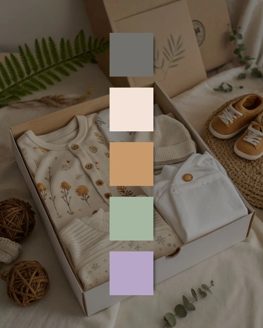 A neatly packaged box of Dreamlings baby clothing with floral patterns, accompanied by a pastel color palette featuring green, beige, and lavender tones.