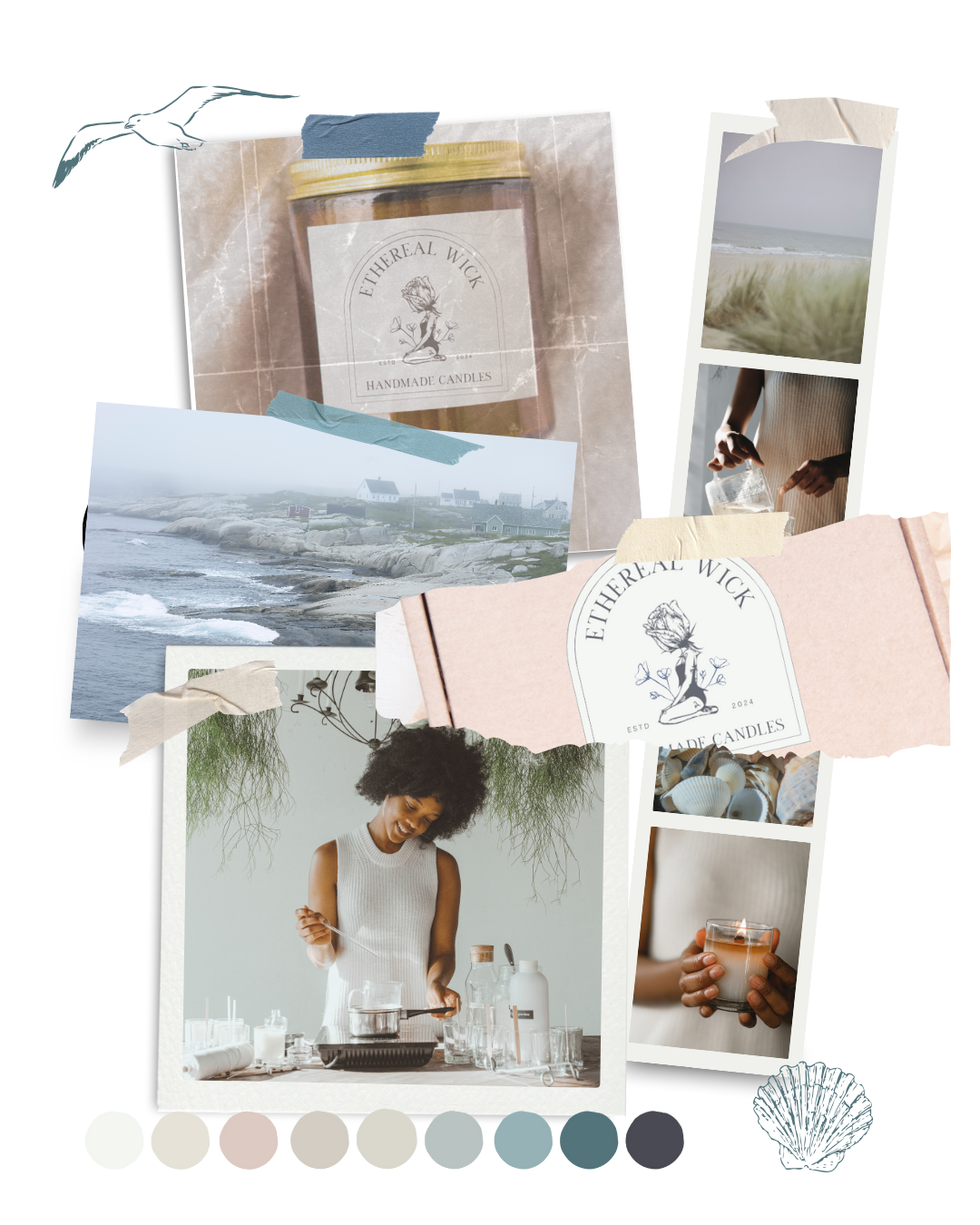 Collage of images including a woman making candles, a beach and ocean scene, seashells, and people holding candles, with overlapping photos and textured tape accents.