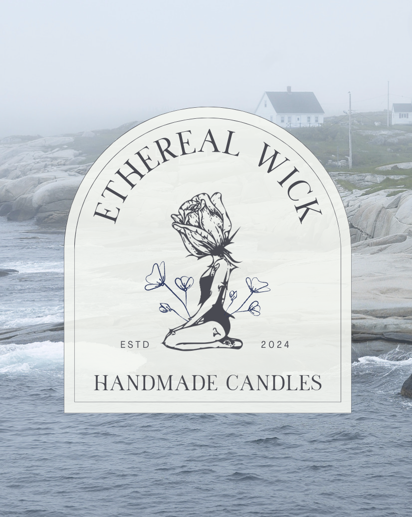 A logo for Ethereal Wick Handmade Candles, featuring a kneeling figure with a blooming rose as the head, surrounded by small flowers, set against a backdrop of a rocky shoreline and houses in a foggy landscape.