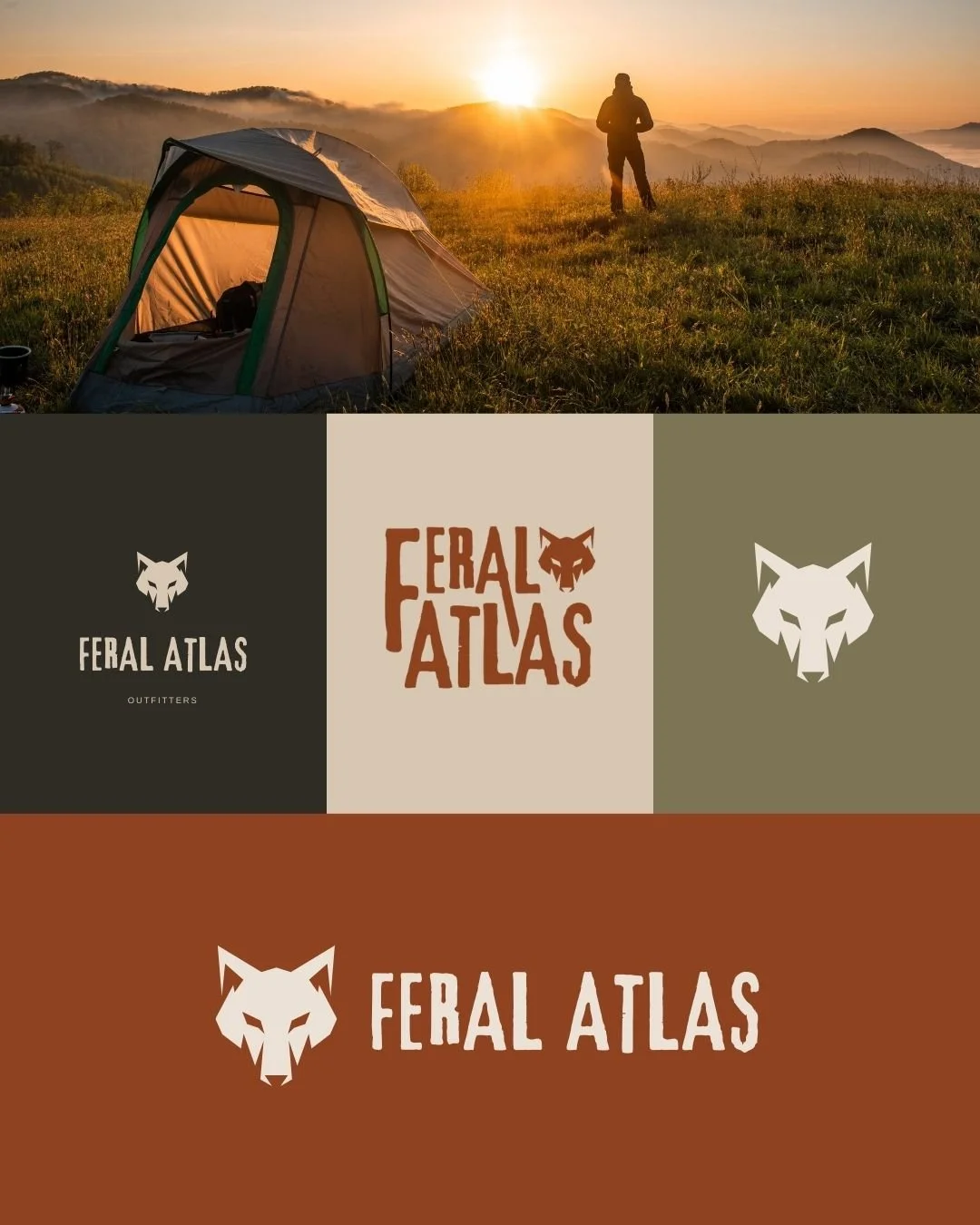 Graphic showcasing logo variations for an outdoor adventure company brand identity and their earthy color palette
