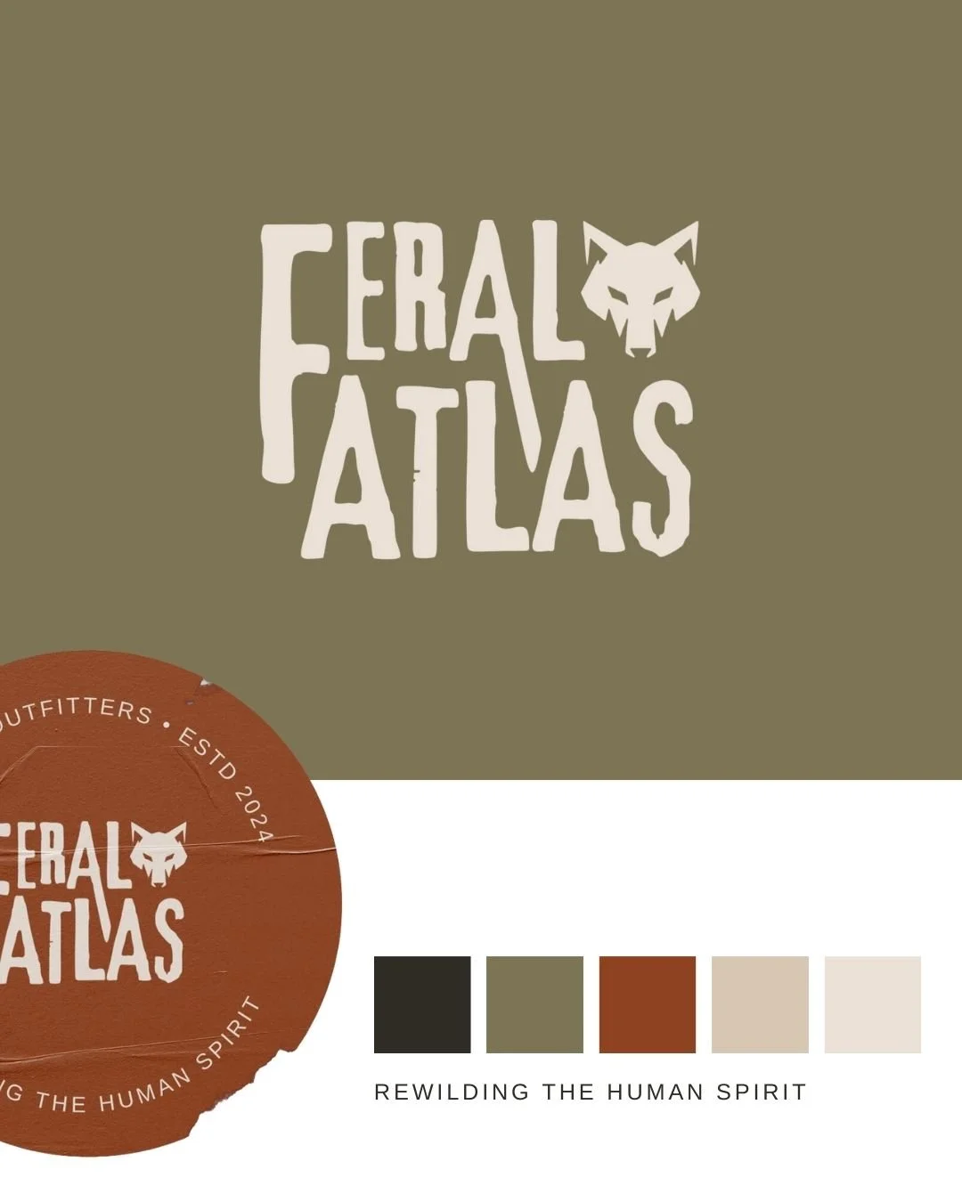 Graphic showing the Feral Atlas logo with the branding color palette for the outdoor gear company