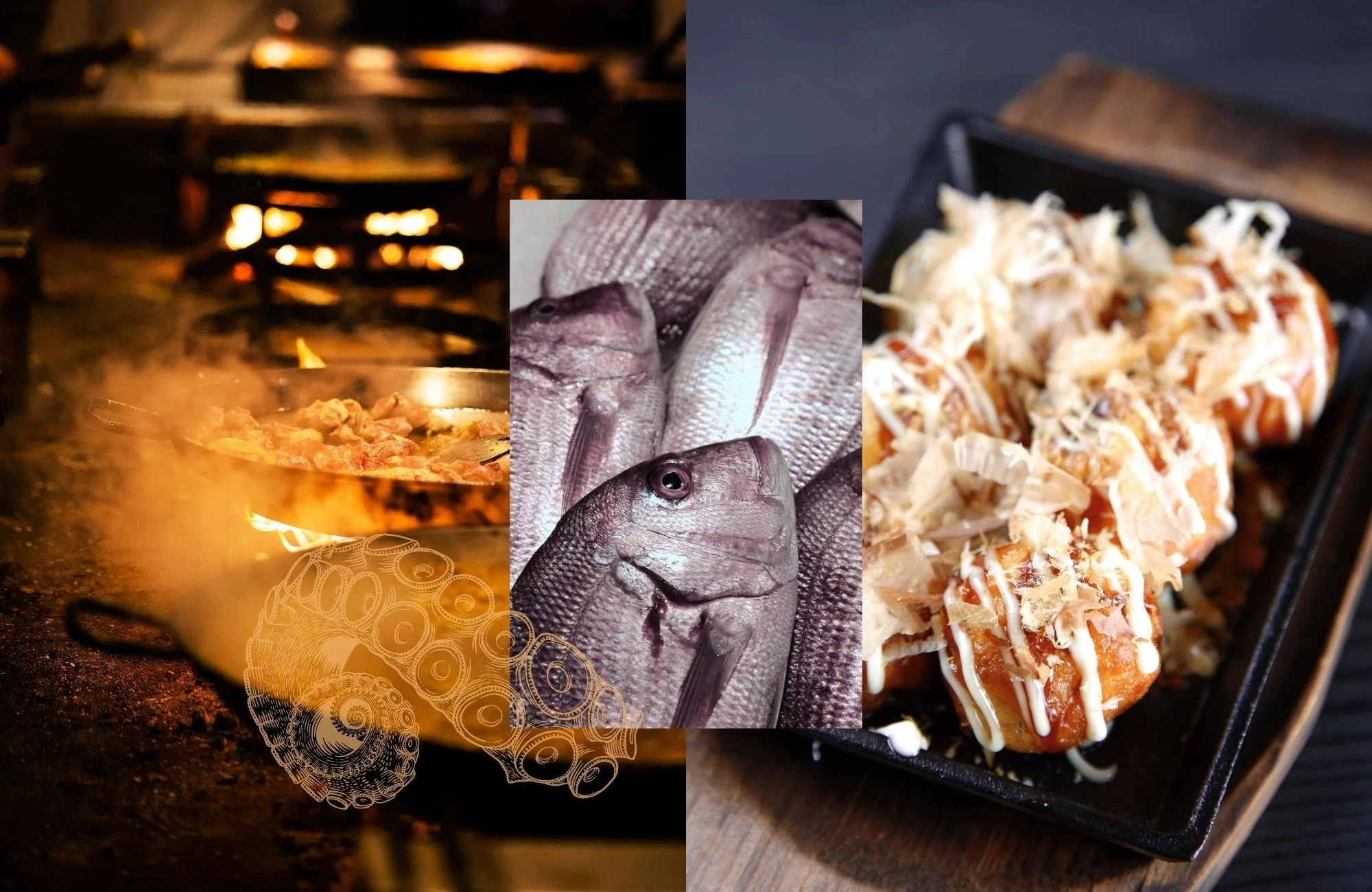Collage of fine dining seafood restaurant imagery, including an open kitchen with chefs cooking over flames, fresh fish on display, and a plated seafood appetizer.