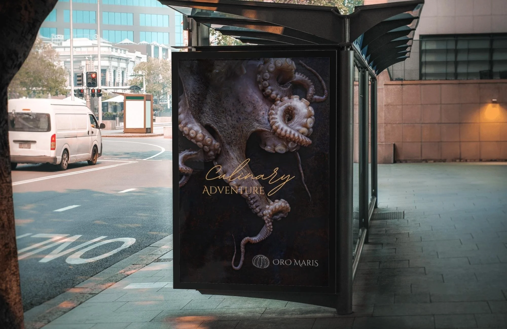 Billboard for upscale seafood restaurant featuring dramatic octopus photography, gold typography, and custom branding elements.