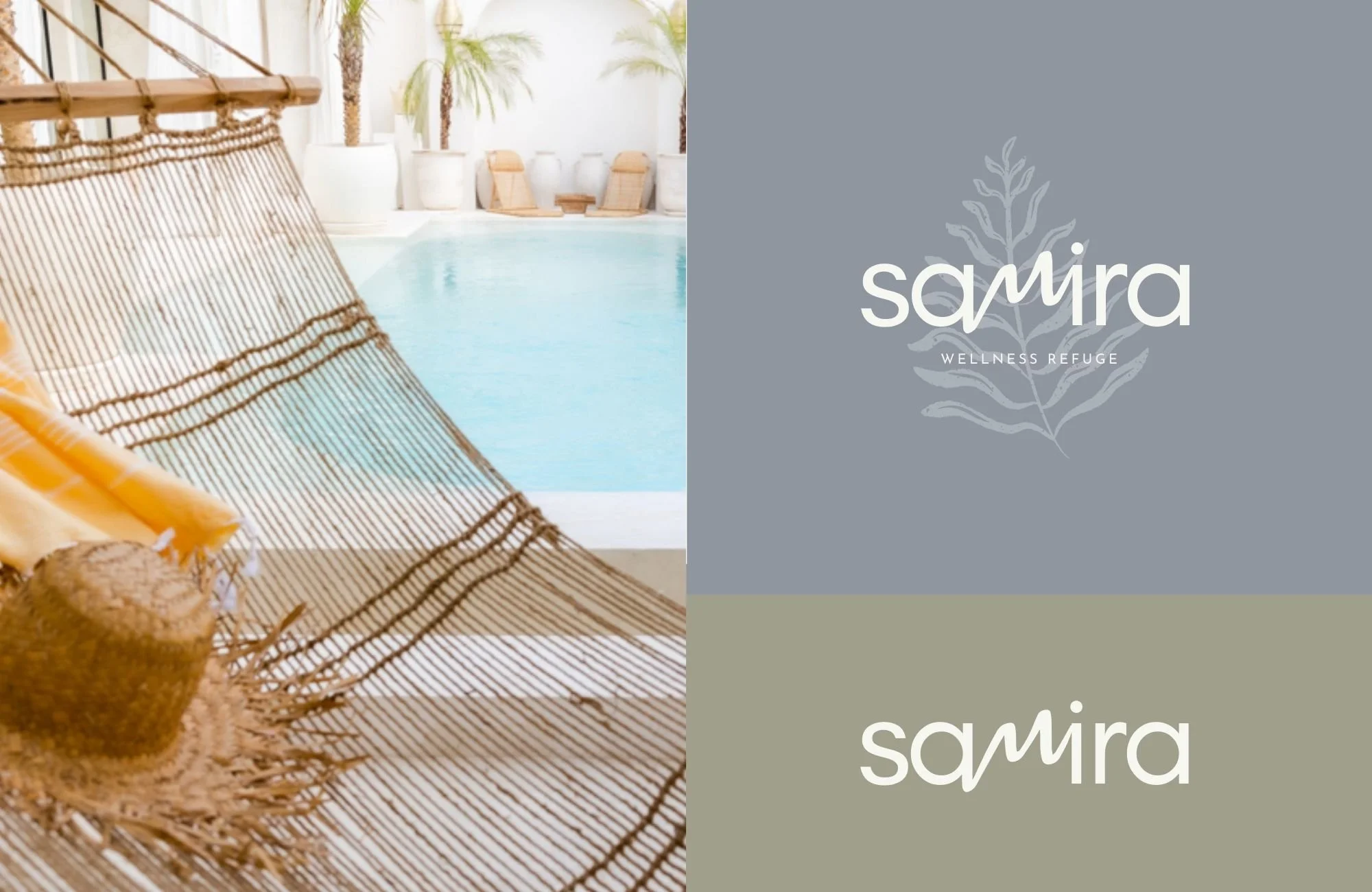 Brand identity for luxury wellness and yoga retreat featuring organic logo design, natural textures, and serene poolside imagery.