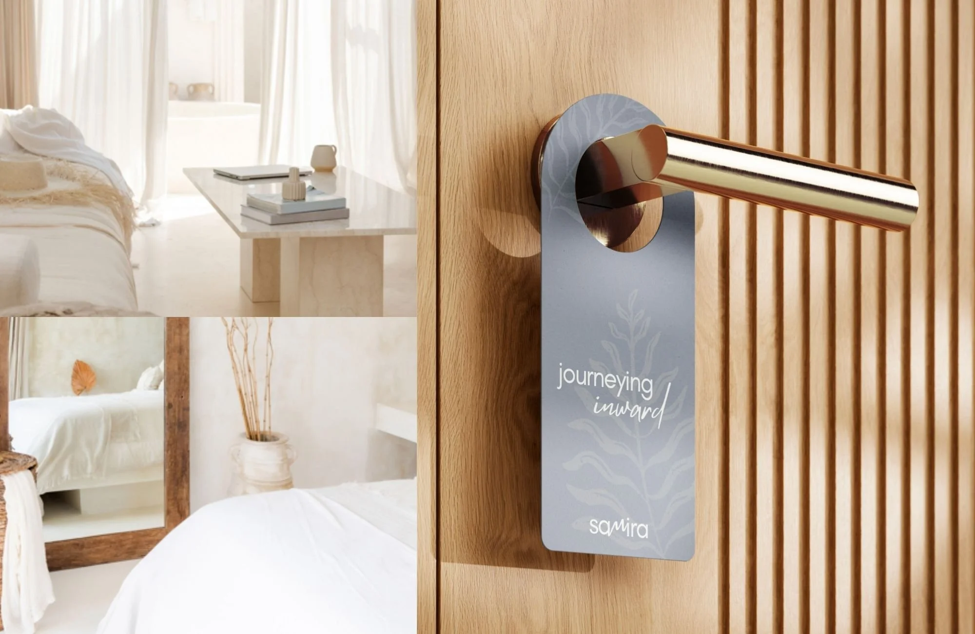Luxury wellness retreat room design featuring custom door hanger, natural textures, and calming interior aesthetic for a boutique yoga retreat.