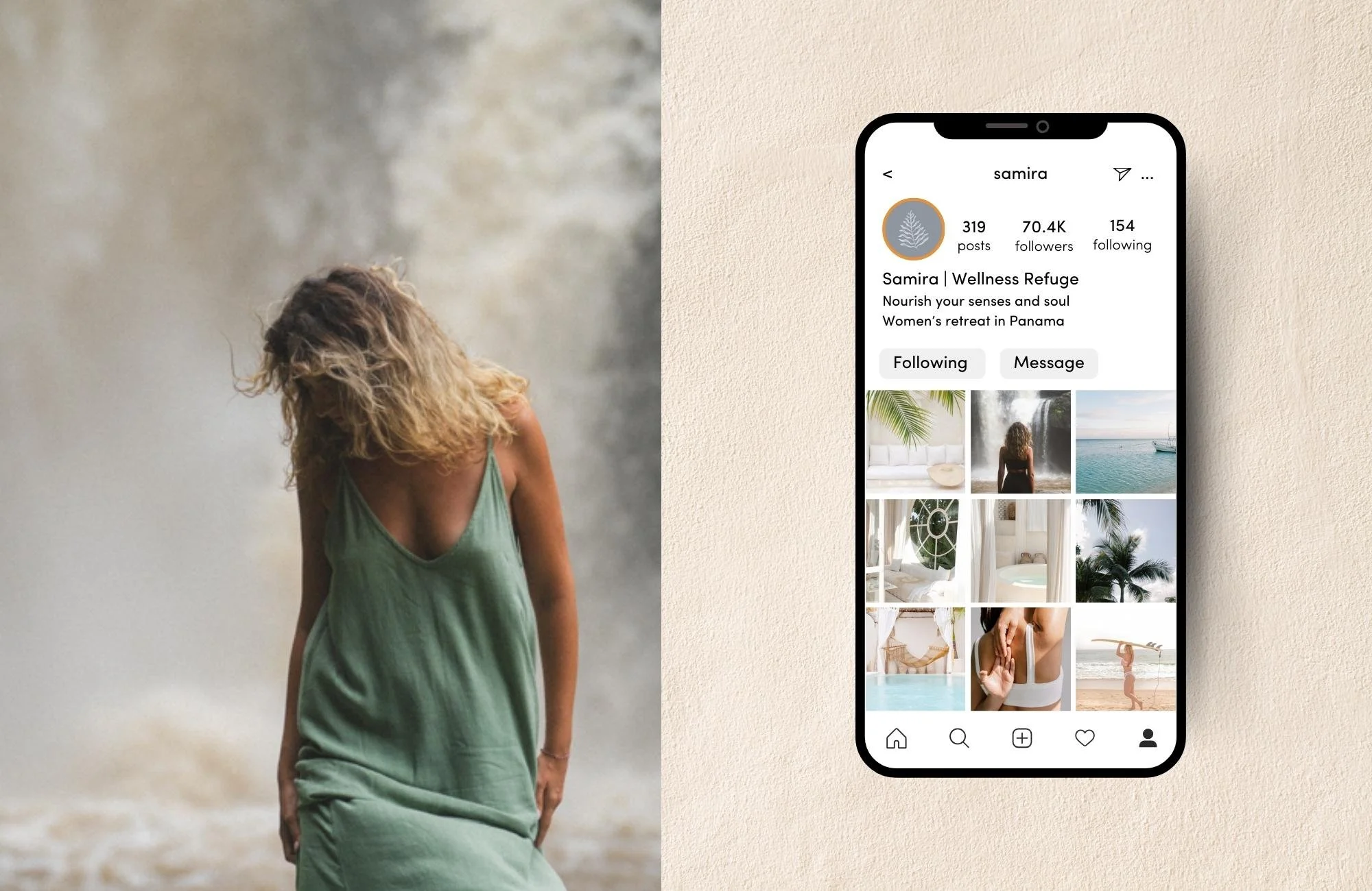 Branded social media strategy and visual direction for luxury wellness retreat, showcasing cohesive design across digital platforms.