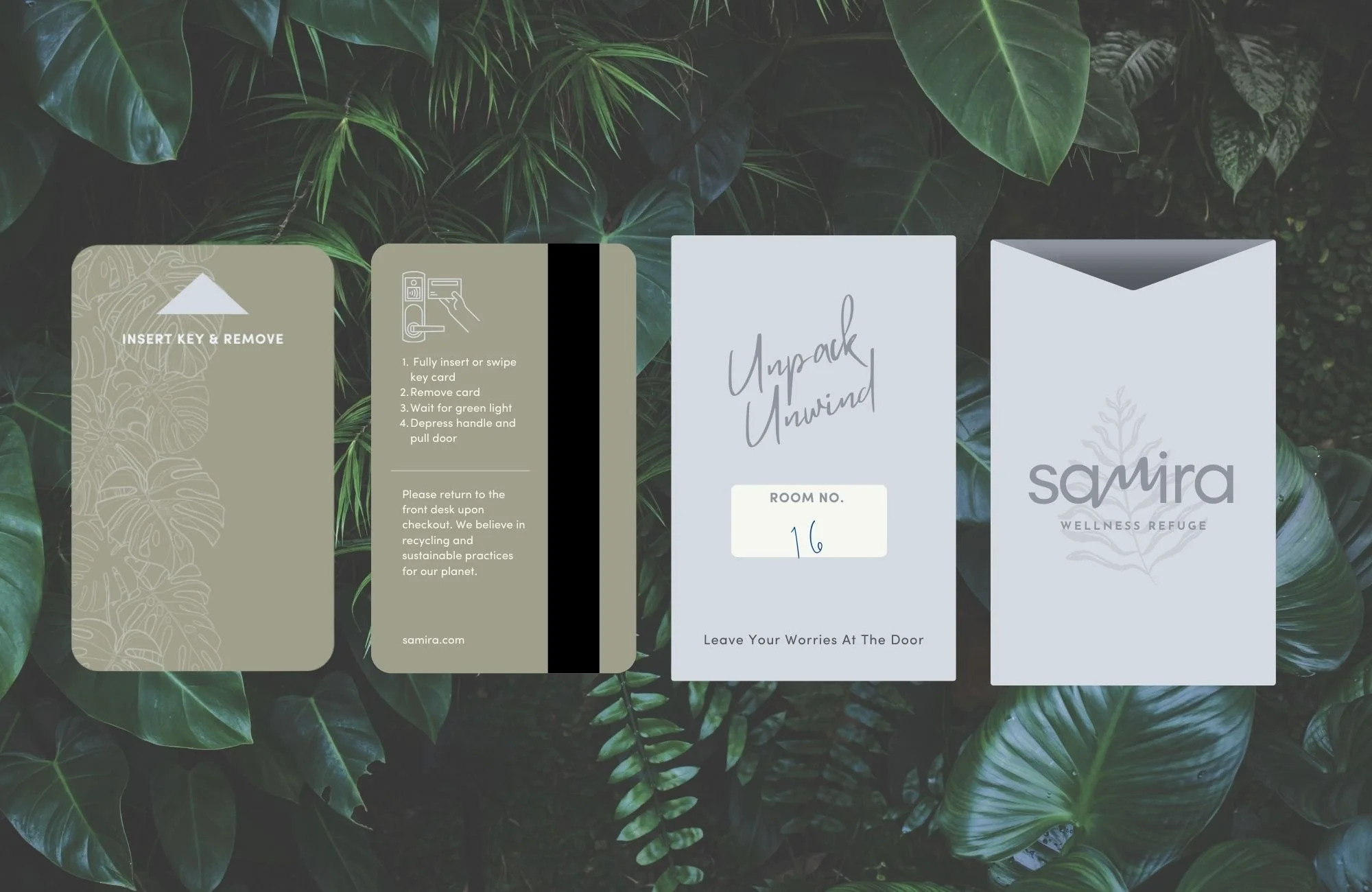 Custom-branded room key cards and packaging design for luxury wellness retreat, blending nature-inspired aesthetics with premium guest experience.