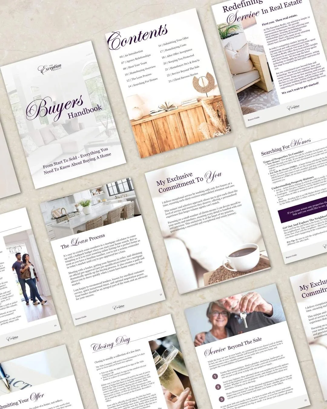 flatlay showing ebook design pages for a real estate company homebuyer and seller guides