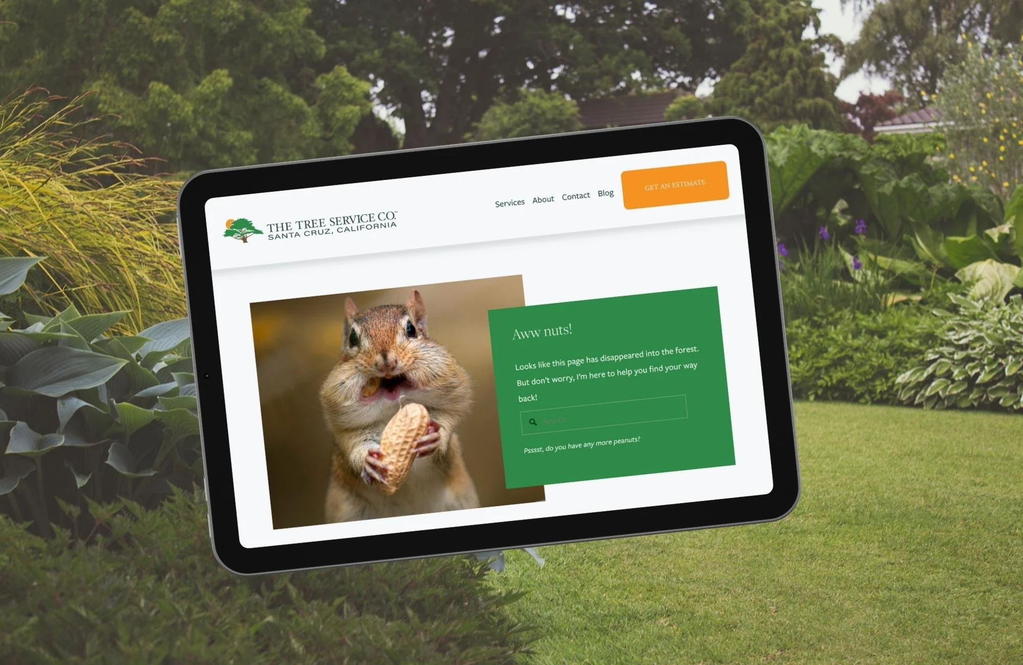 Custom 404 error page design featuring playful branding for a local tree care and home service company, designed to keep visitors engaged and on-site.