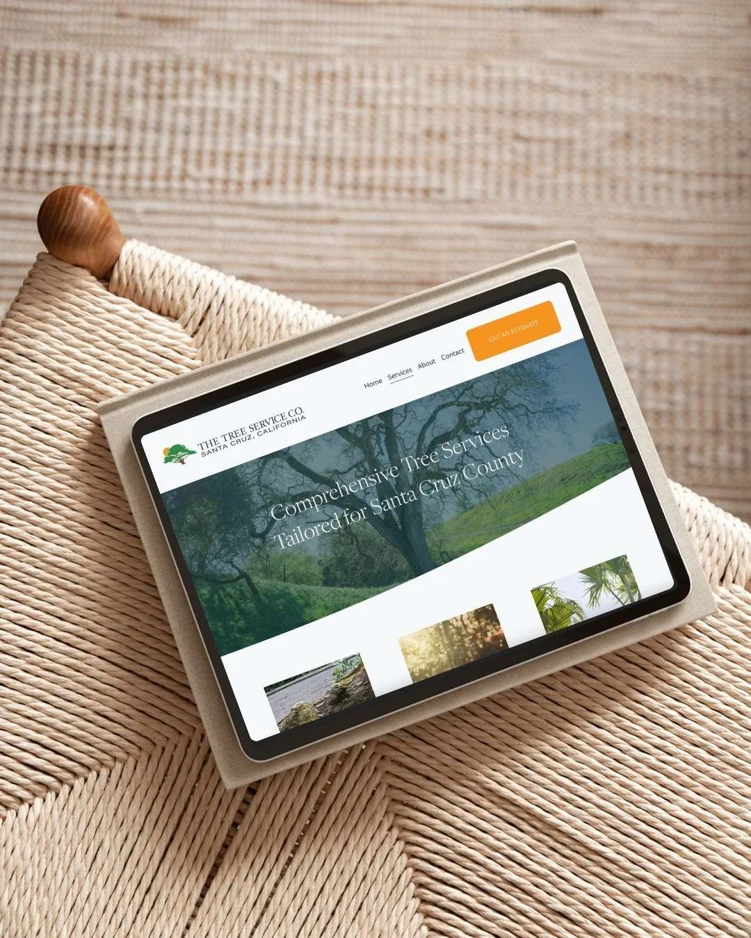 Responsive website design for The Tree Service Company displayed on a tablet, showcasing tree care services and scenic visuals for Santa Cruz County.